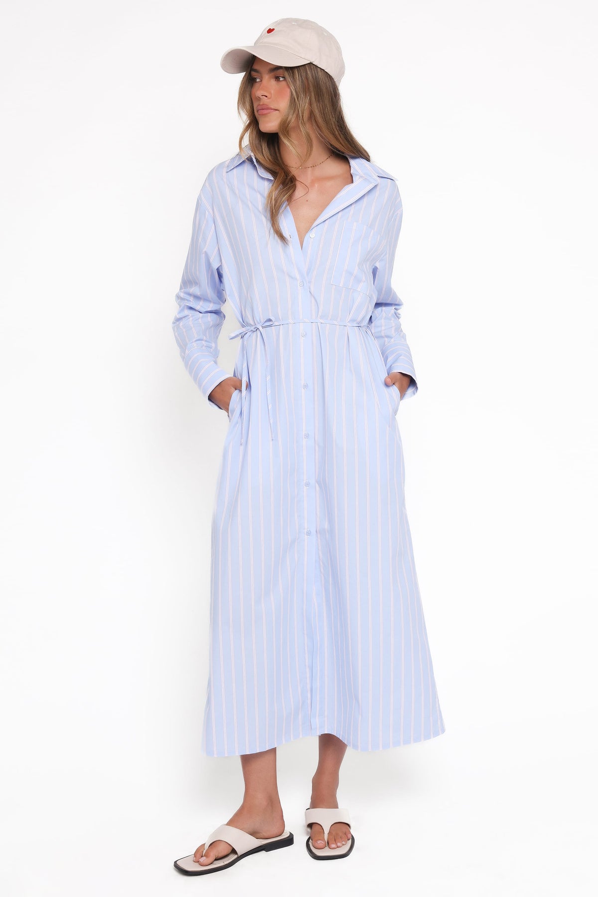 Harlan Long Sleeve Midi Dress in Blue Pink Stripe – view 2 of 9