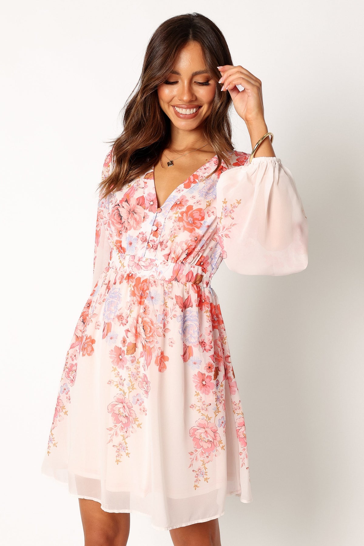 Hattie Long Sleeve Mini Dress in Pink Floral – view 1 of 6