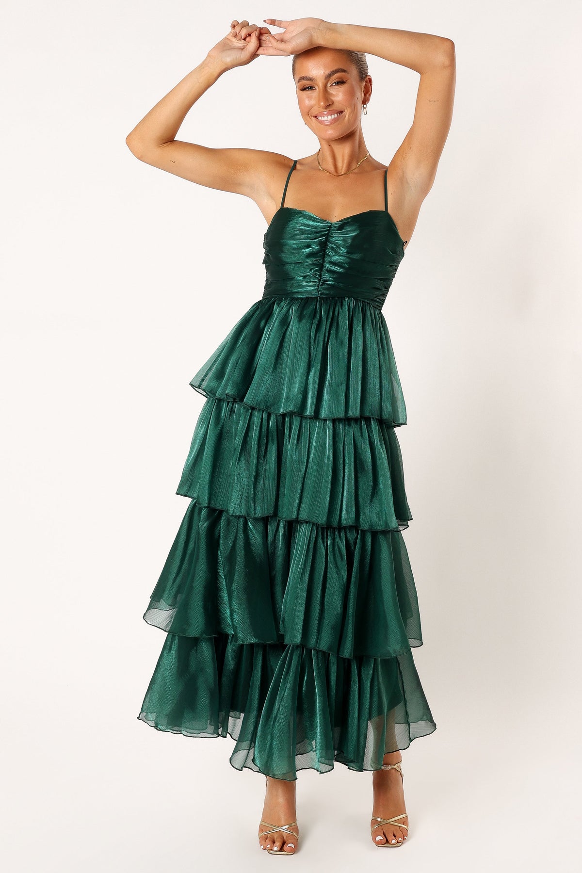 Jace Tiered Maxi Dress in Shimmer Emerald – view 9 of 11