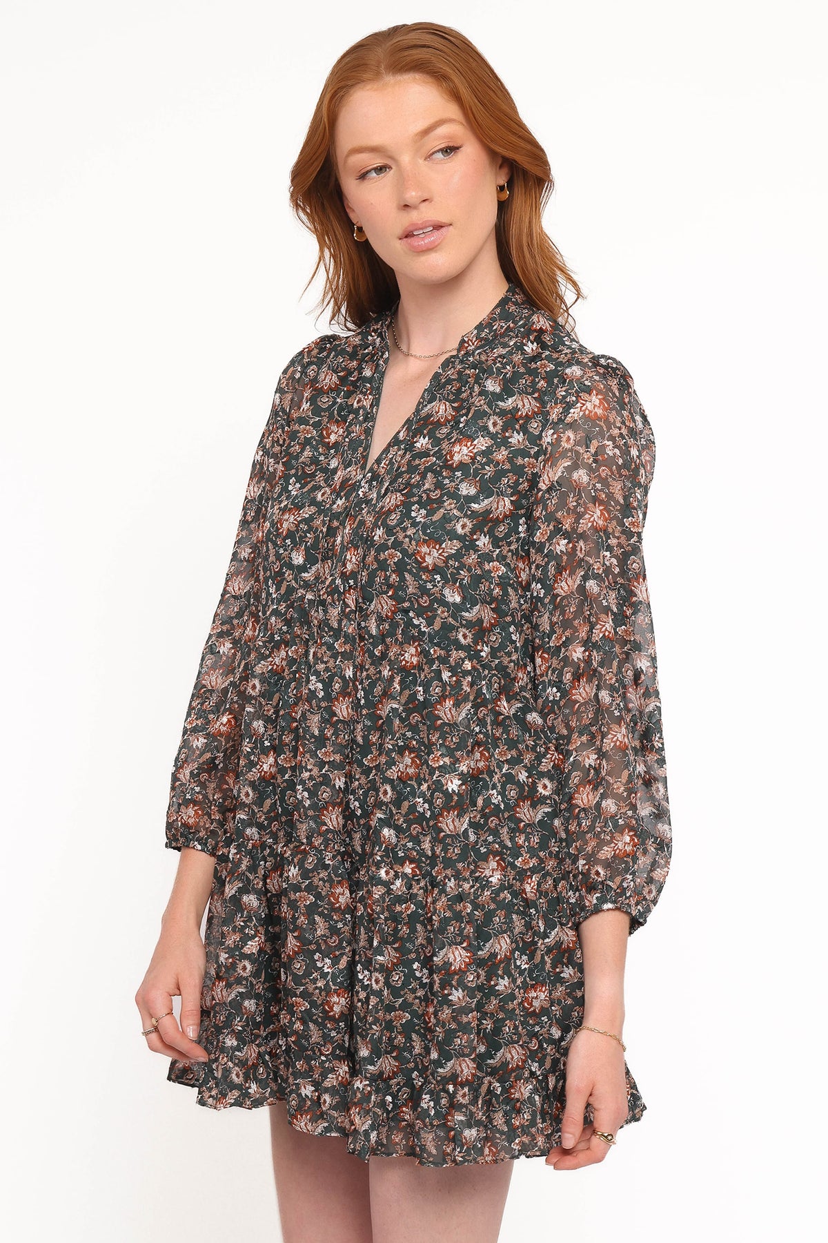 Jinny Long Sleeve Mini Dress in Dark Green/Multi – view 3 of 7