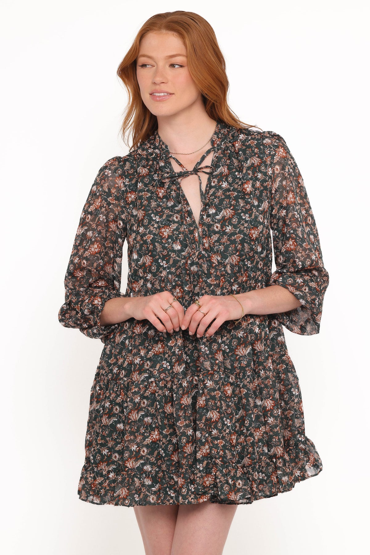 Jinny Long Sleeve Mini Dress in Dark Green/Multi – view 7 of 7