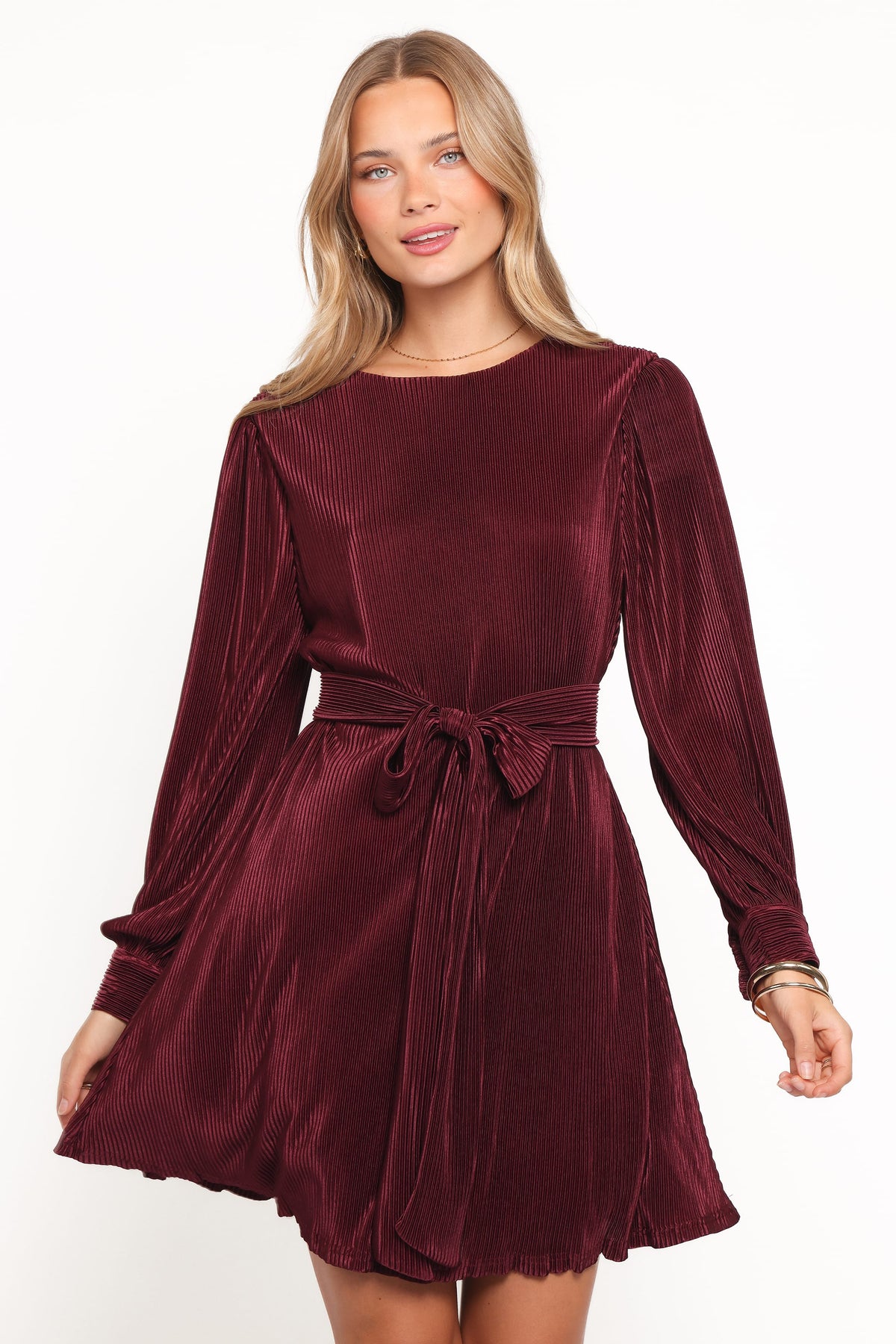 Joy Plisse Mini Dress in Burgundy – view 1 of 7