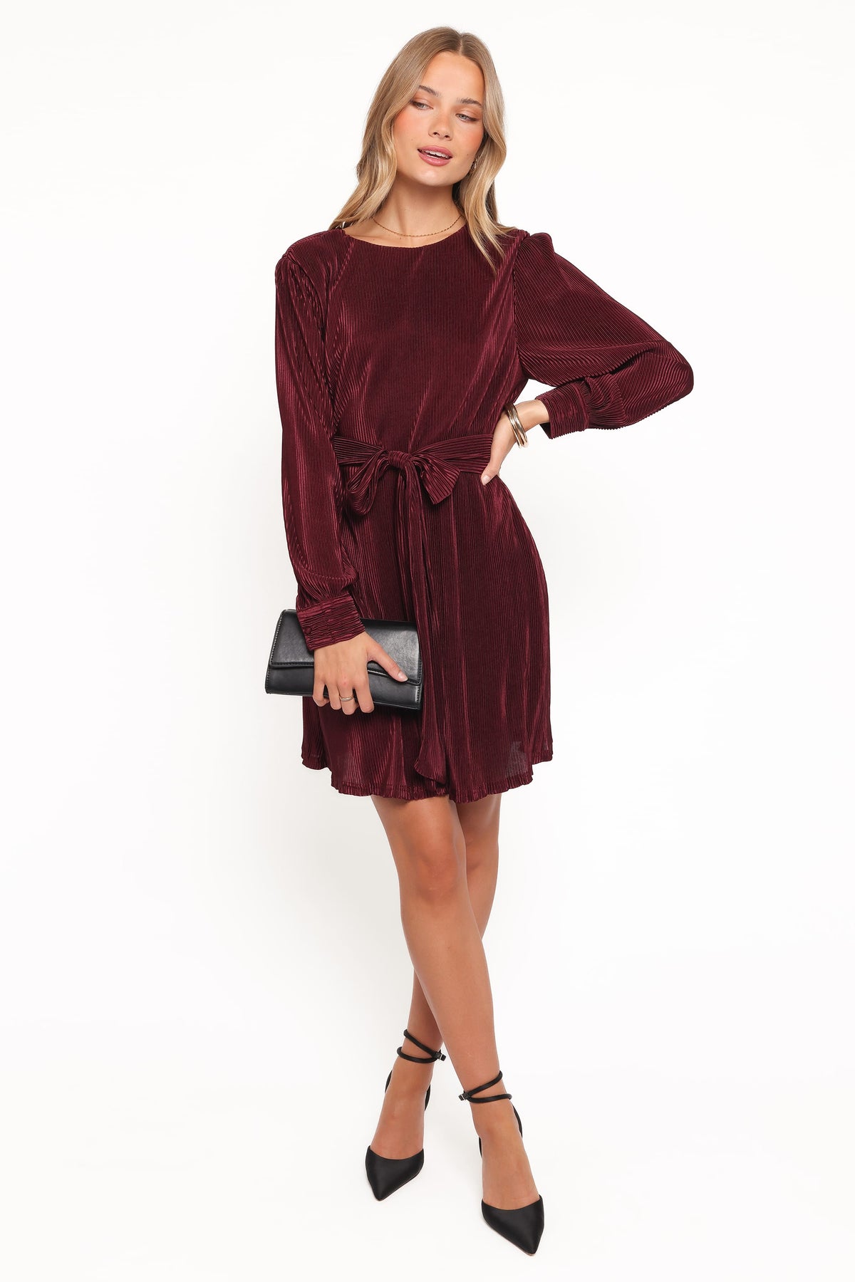 Joy Plisse Mini Dress in Burgundy – view 6 of 7