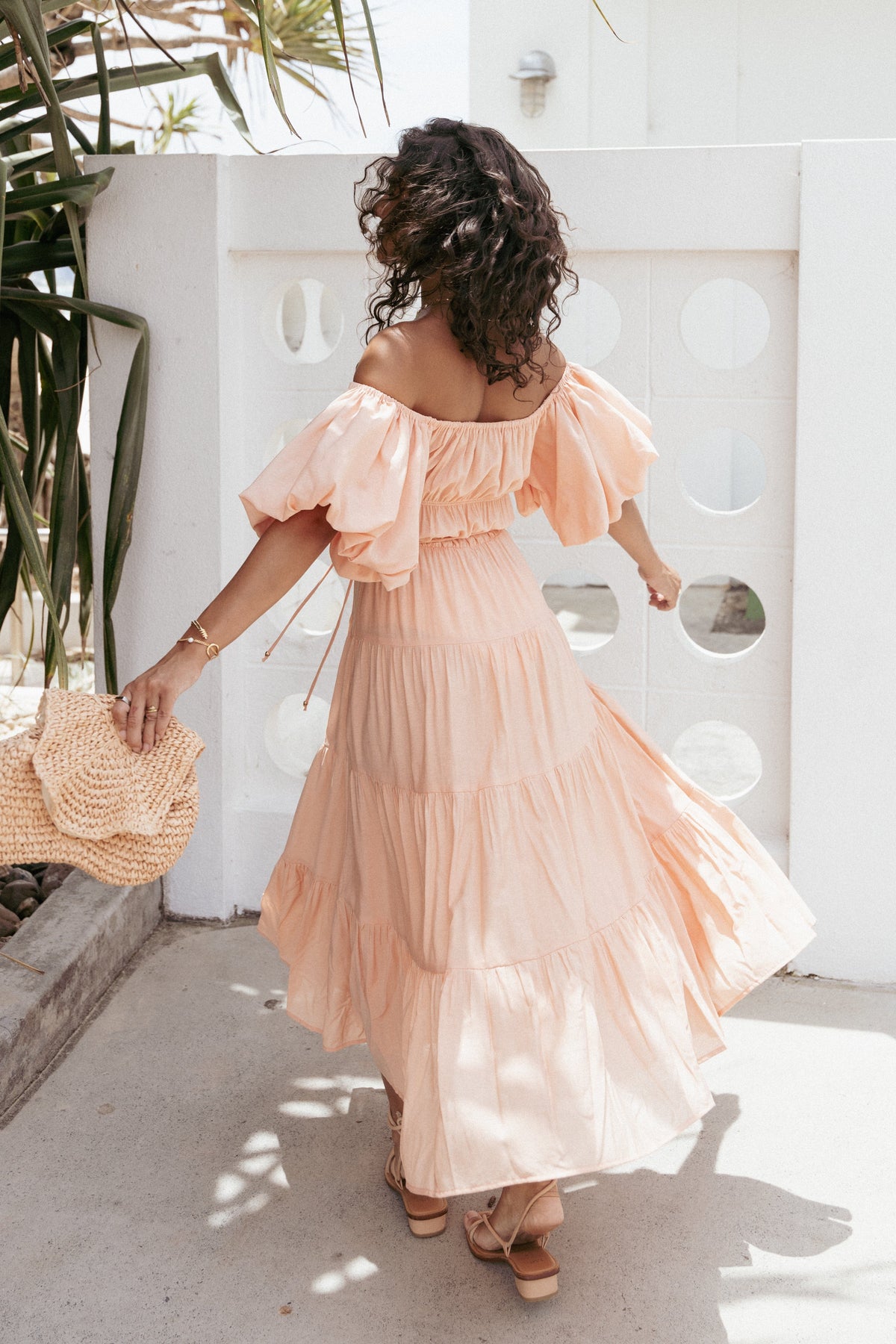Julie Off Shoulder Midi Dress in Peach – view 1 of 10