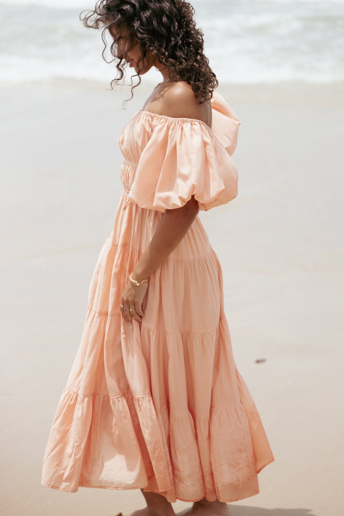 Julie Off Shoulder Midi Dress in Peach – view 2 of 10