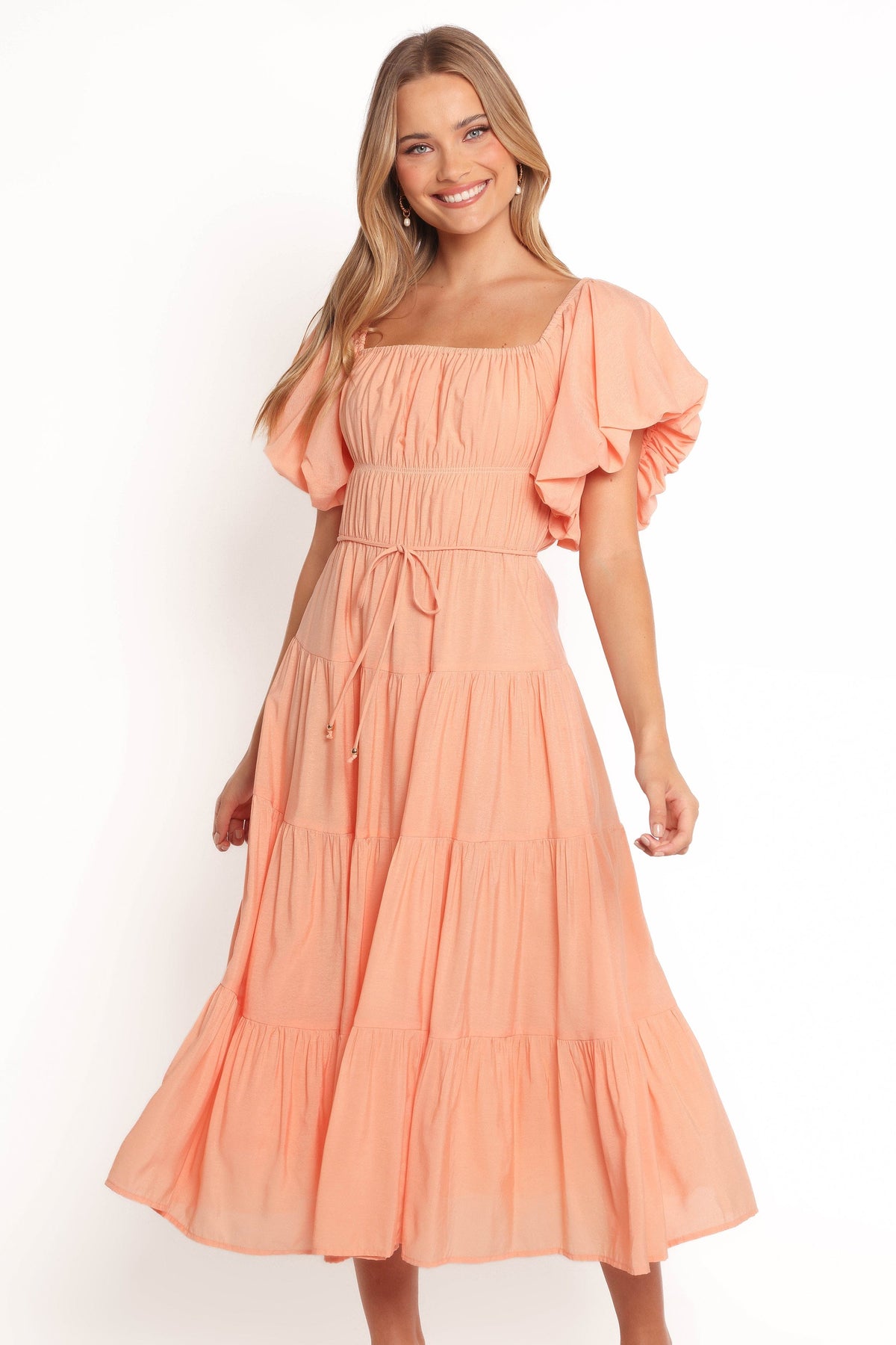 Julie Off Shoulder Midi Dress in Peach – view 3 of 10
