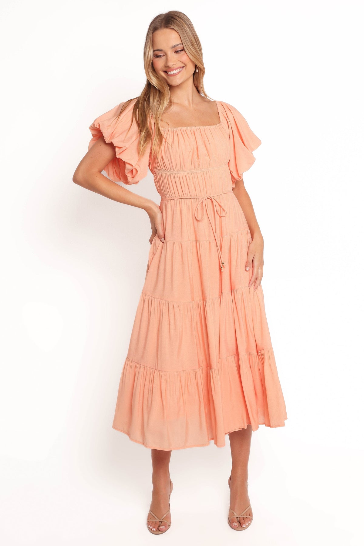 Julie Off Shoulder Midi Dress in Peach – view 4 of 10