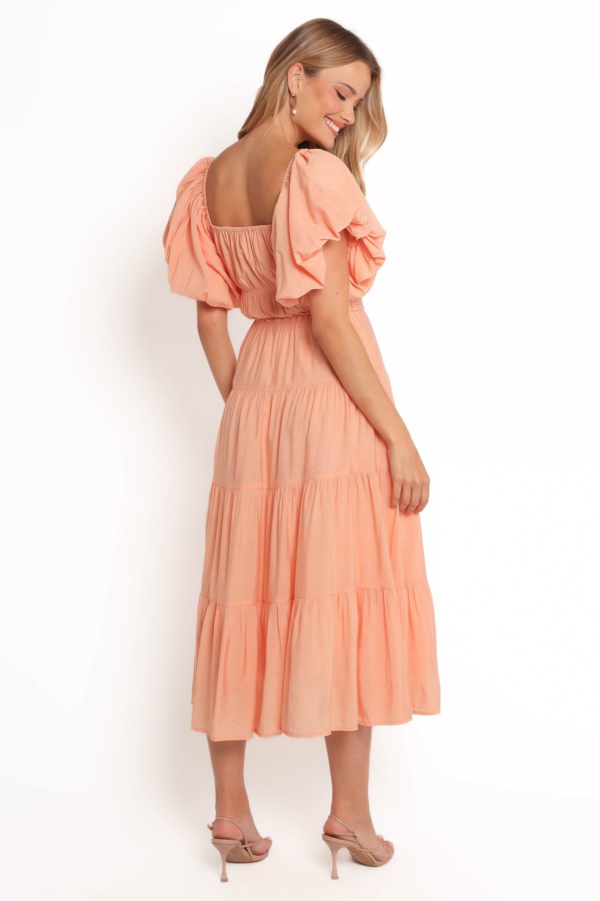 Julie Off Shoulder Midi Dress in Peach – view 6 of 10