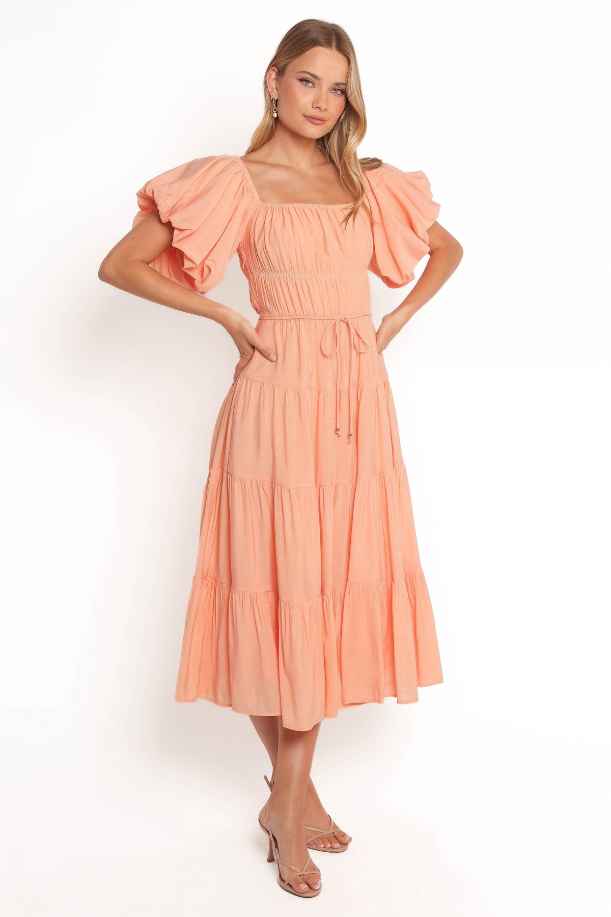 Julie Off Shoulder Midi Dress in Peach – view 7 of 10