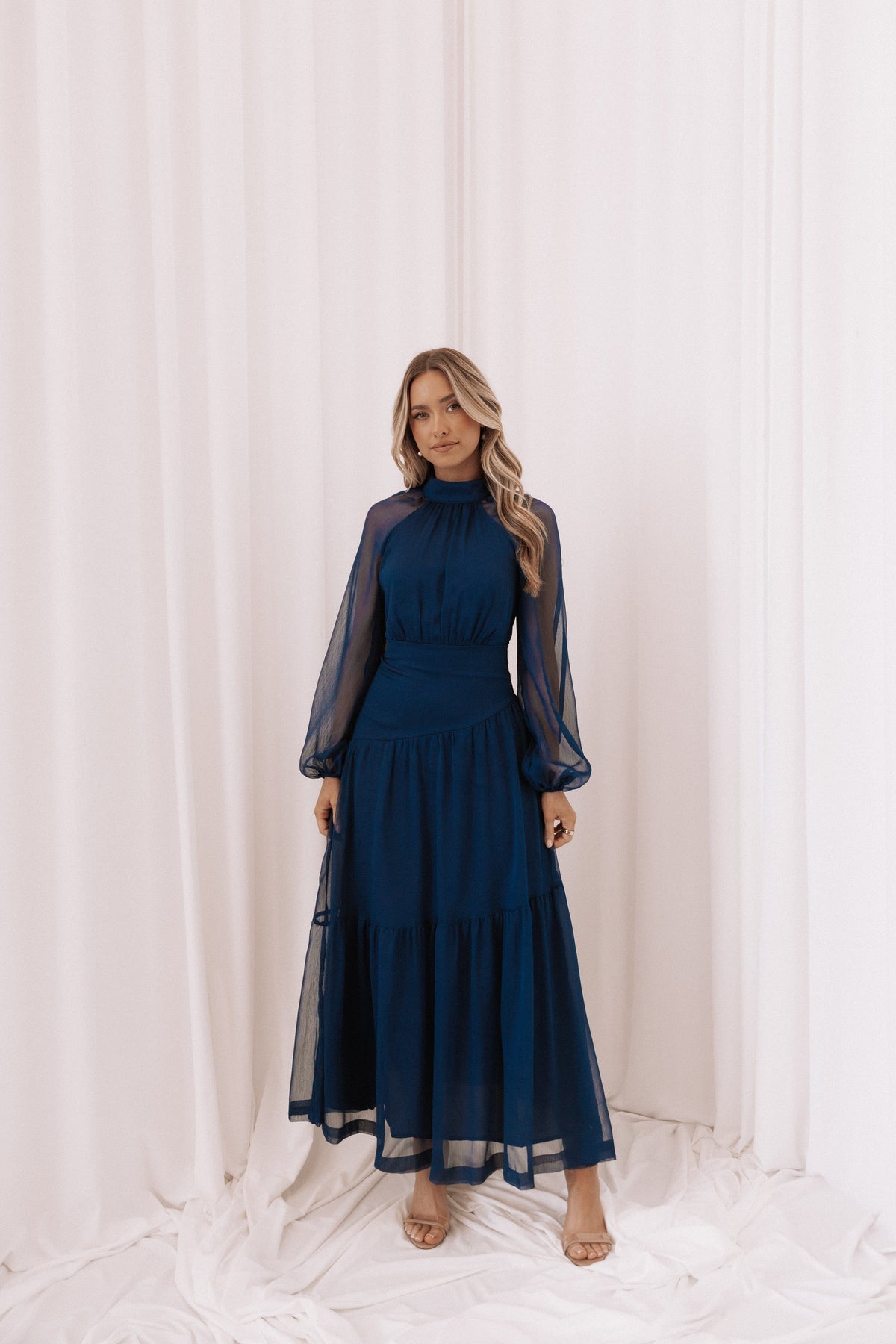 Julip Sheer Long Sleeve Maxi Dress in Navy – view 1 of 8