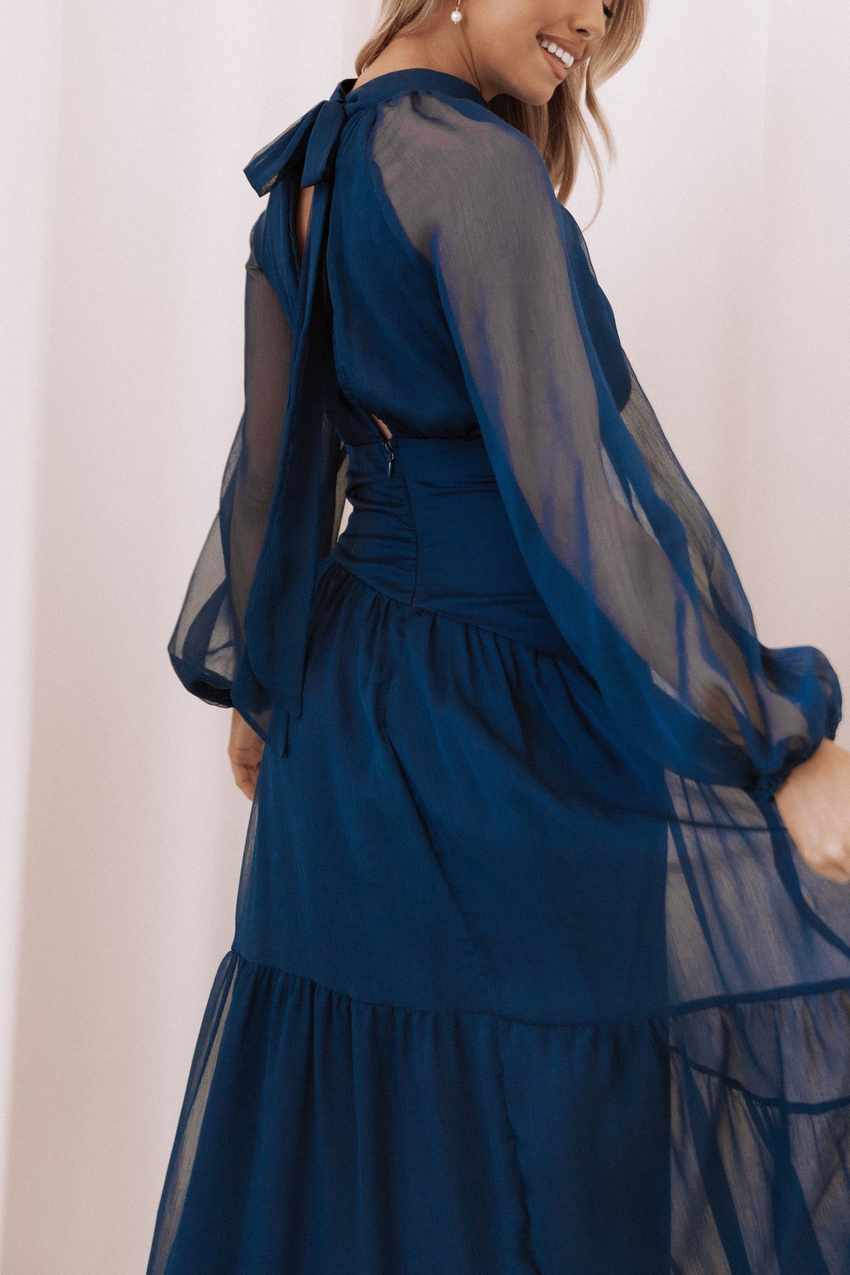 Julip Sheer Long Sleeve Maxi Dress in Navy – view 2 of 8