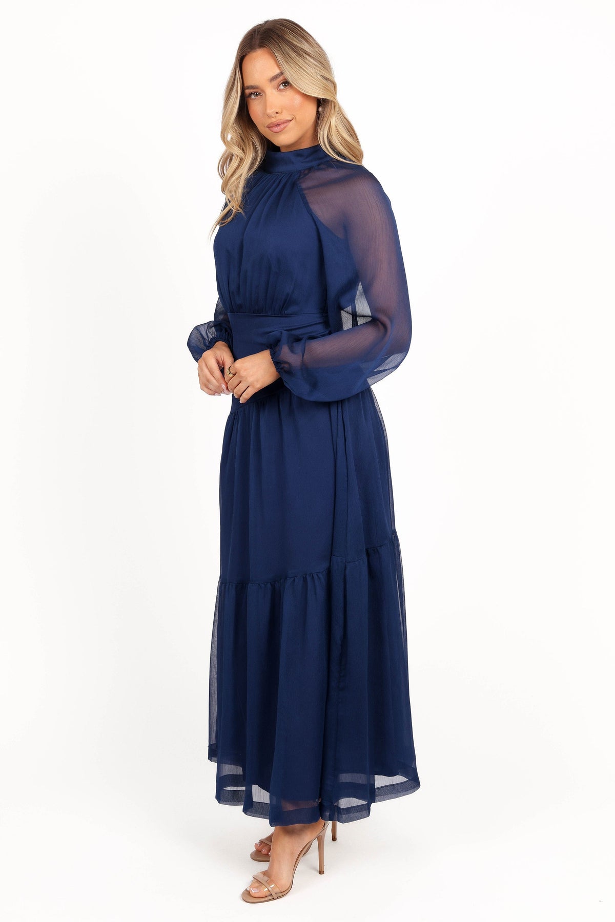 Julip Sheer Long Sleeve Maxi Dress in Navy – view 5 of 8