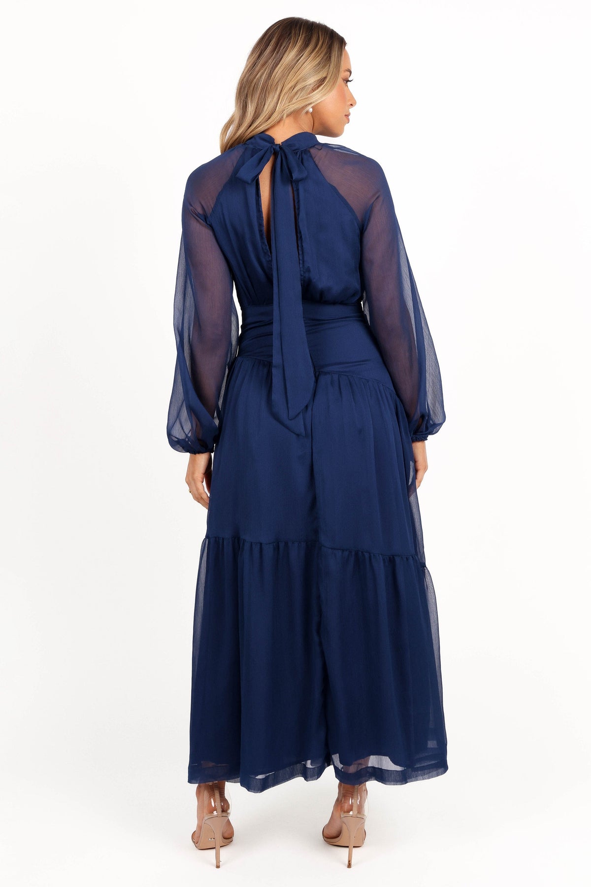 Julip Sheer Long Sleeve Maxi Dress in Navy – view 6 of 8