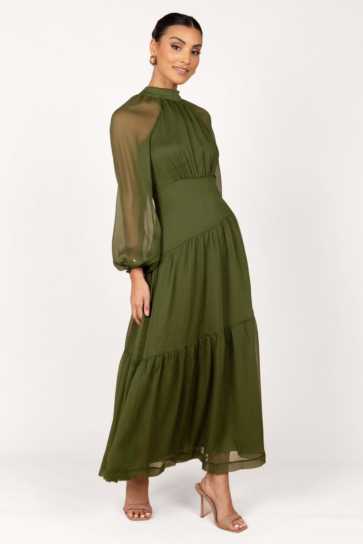 Julip Sheer Long Sleeve Maxi Dress in Olive – view 5 of 6