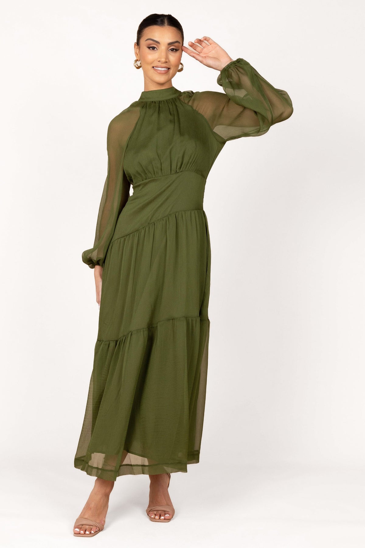 Julip Sheer Long Sleeve Maxi Dress in Olive – view 6 of 6