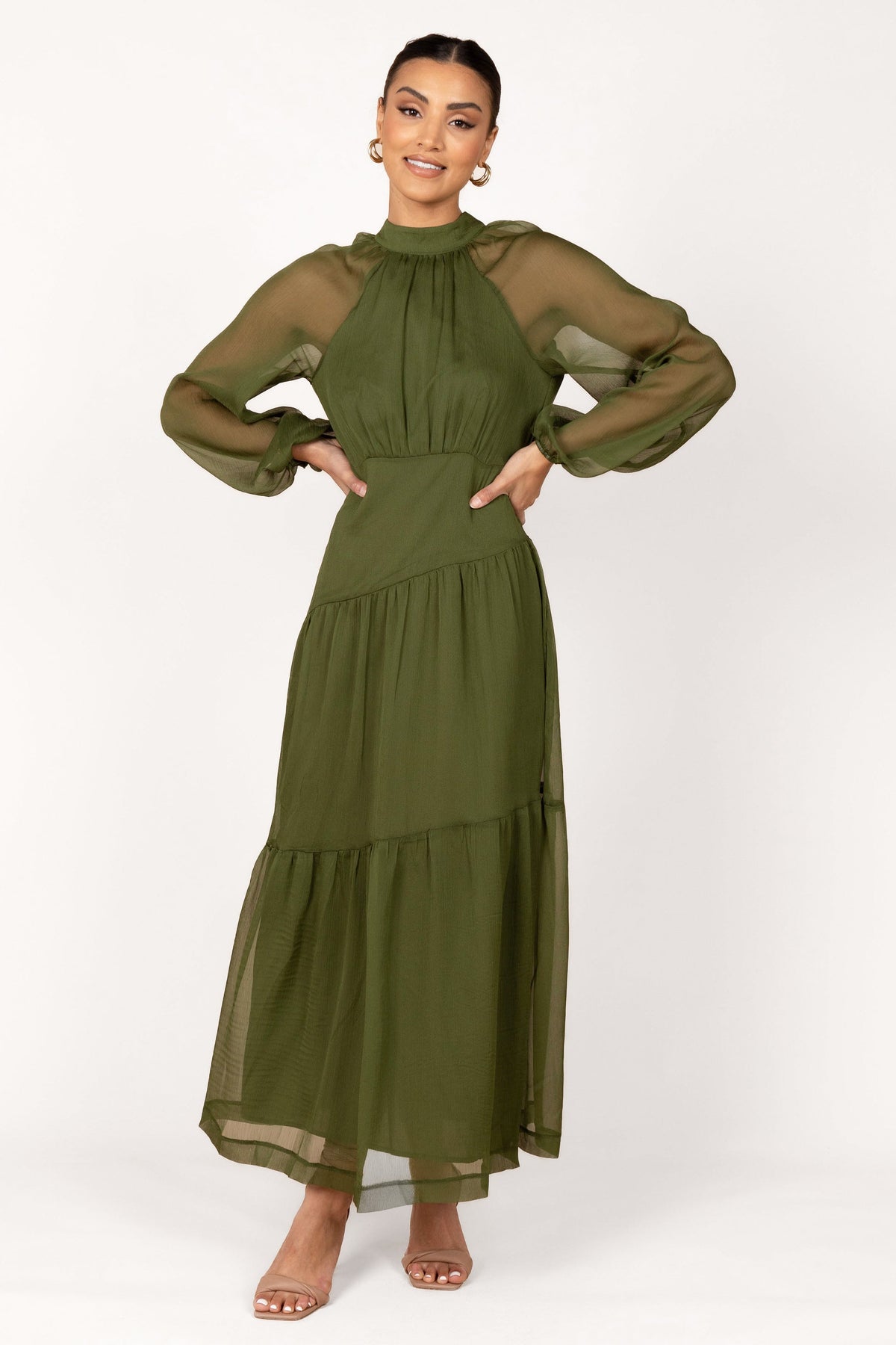Julip Sheer Long Sleeve Maxi Dress in Olive – view 1 of 6