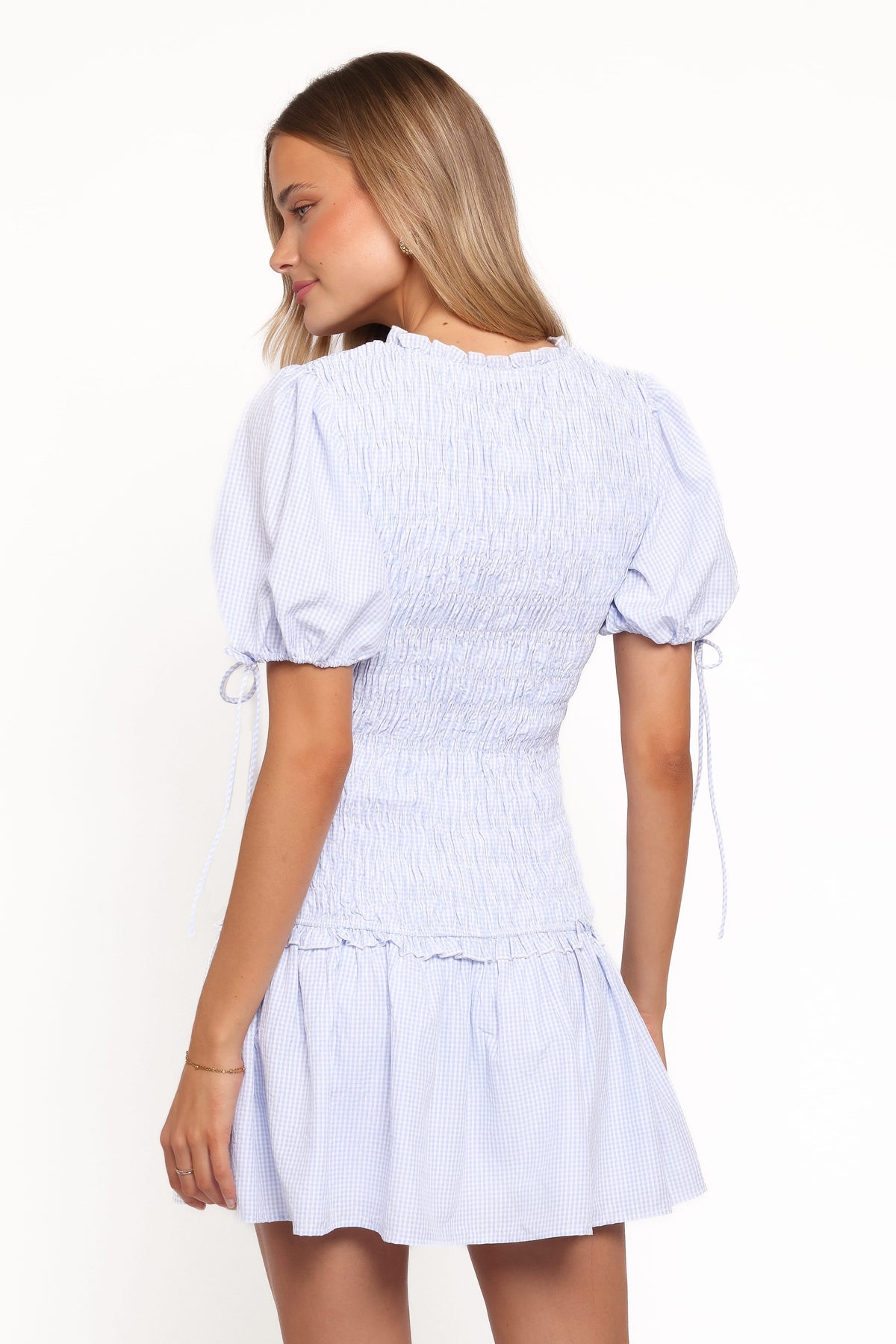 Kaelyn Gather Mini Dress in Blue Gingham – view 5 of 9