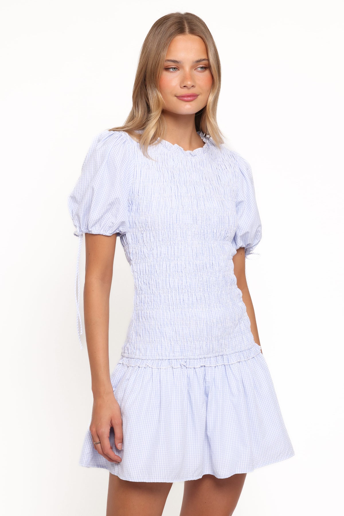 Kaelyn Gather Mini Dress in Blue Gingham – view 2 of 9