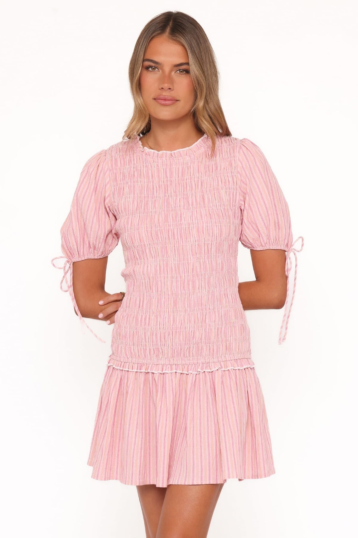Kaelyn Gather Mini Dress in Pink Stripe – view 2 of 8