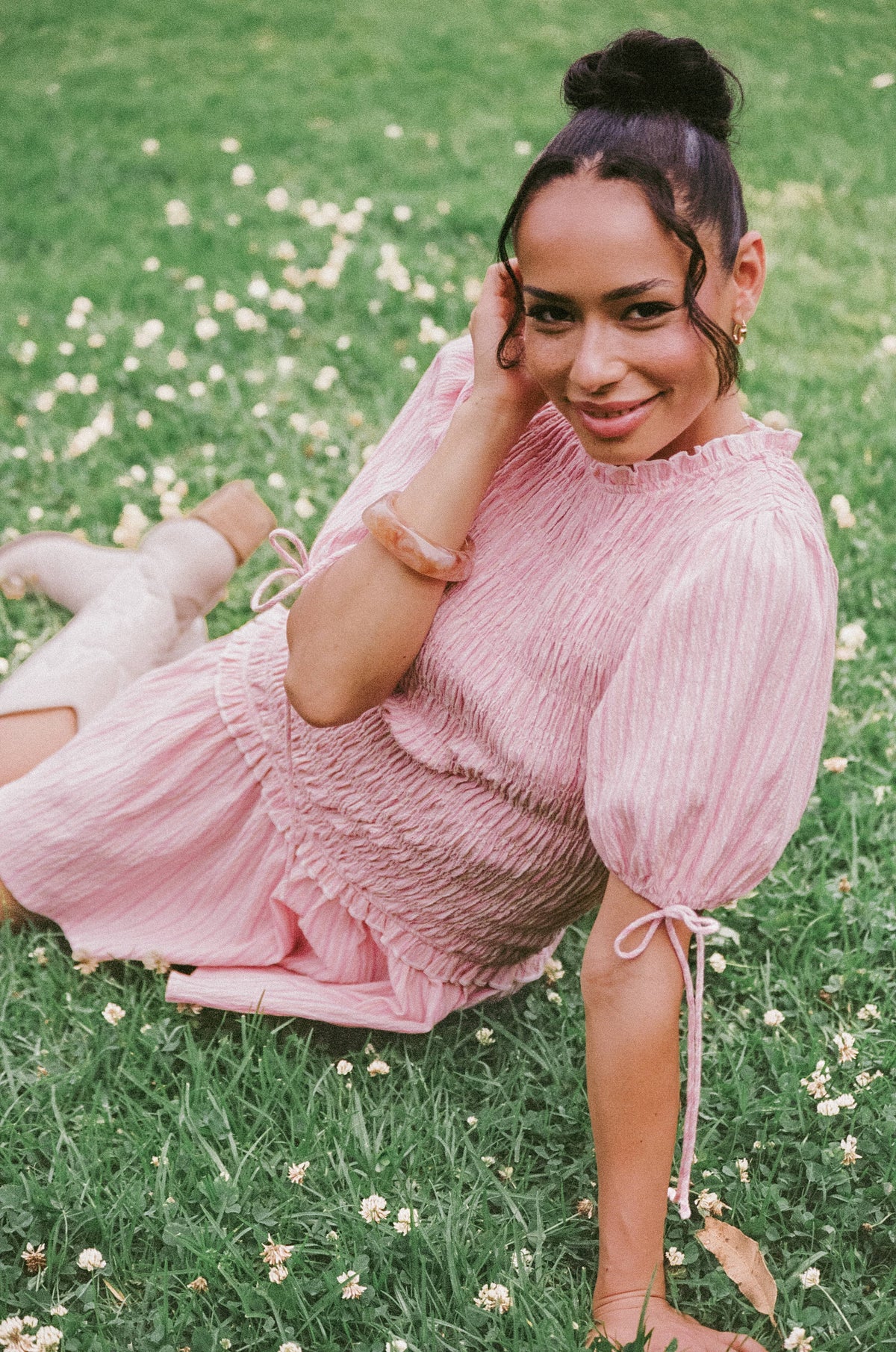 Kaelyn Gather Mini Dress in Pink Stripe – view 1 of 8
