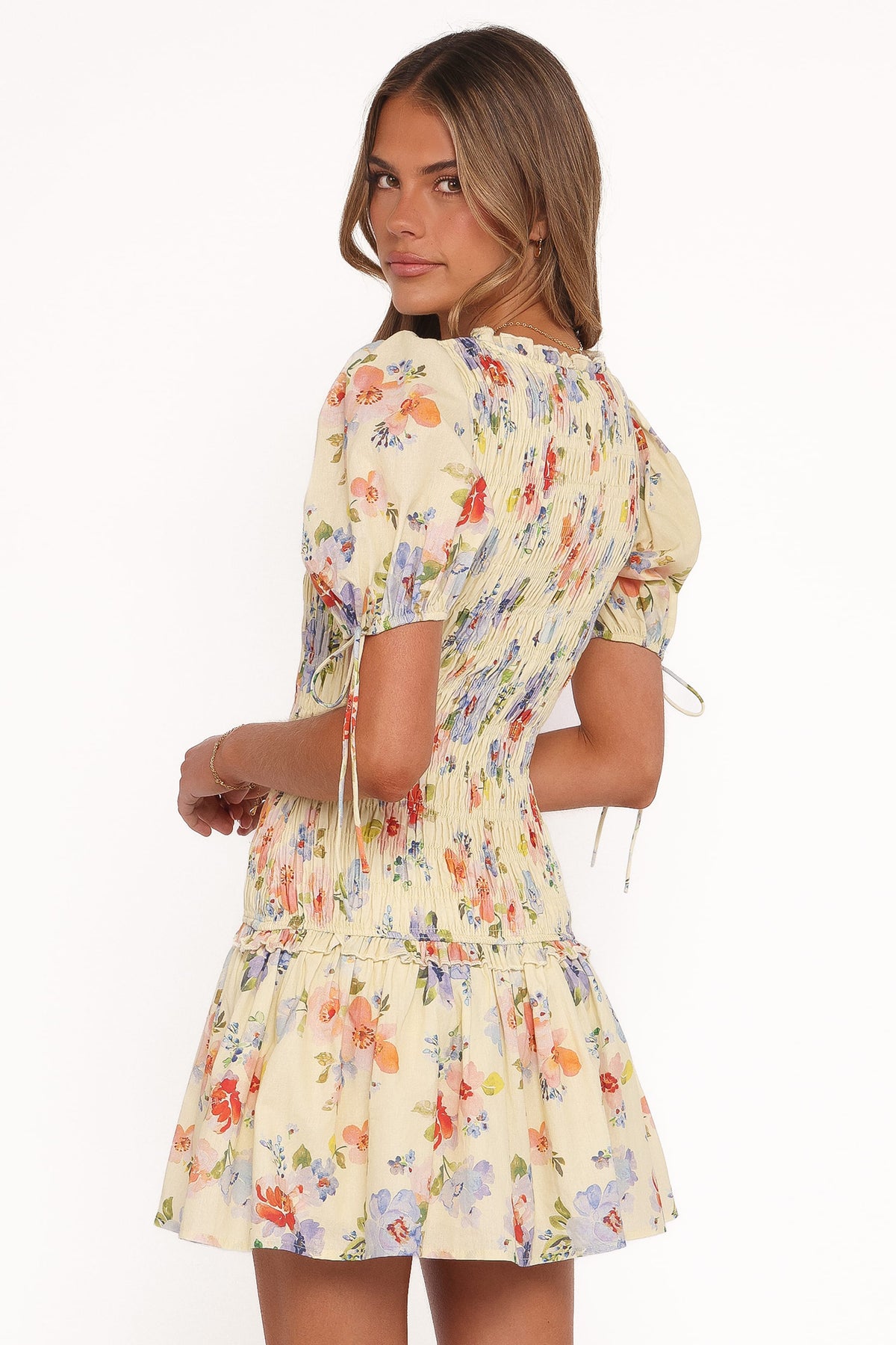 Kaelyn Gather Mini Dress in Yellow Floral – view 5 of 8