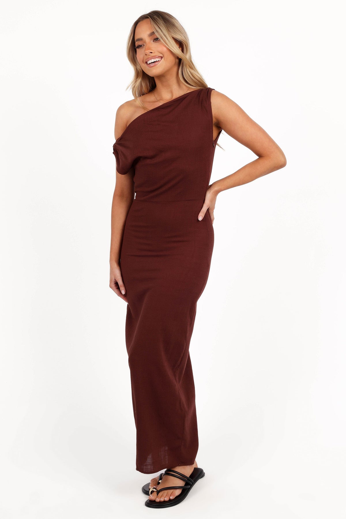 Kassie Off Shoulder Dress in Chocolate Brown – view 1 of 7