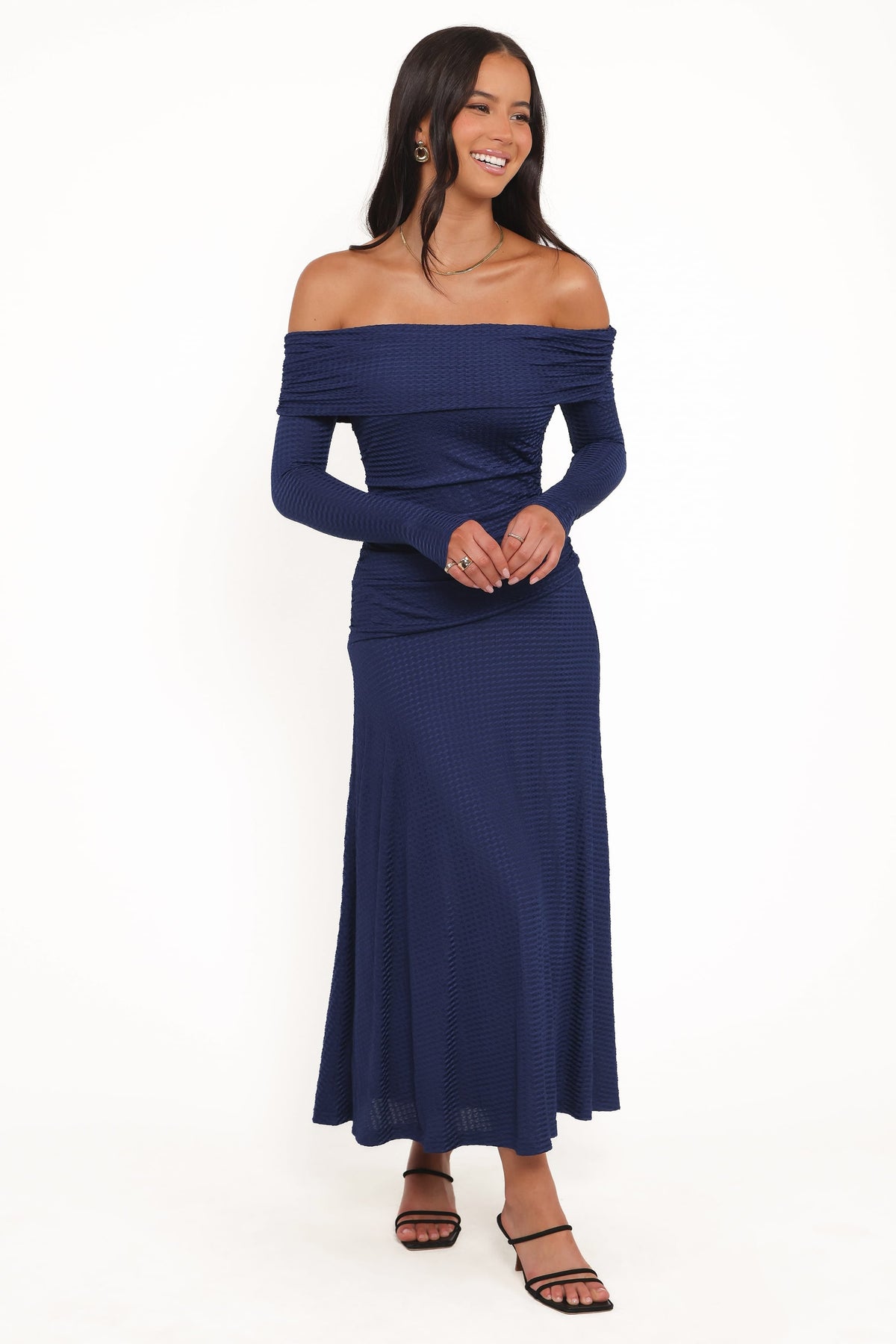 Katiya Off Shoulder Dress in Navy – view 2 of 6