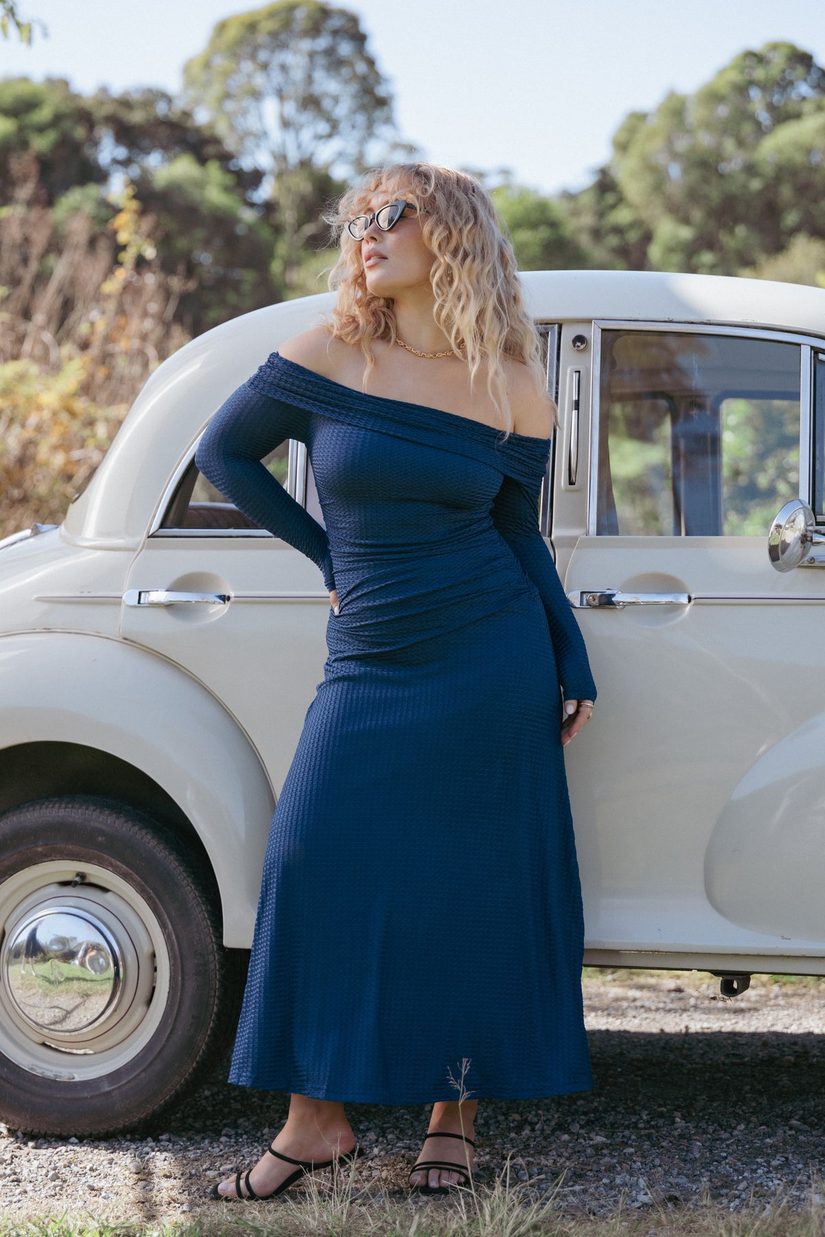 Katiya Off Shoulder Dress in Navy – view 1 of 6