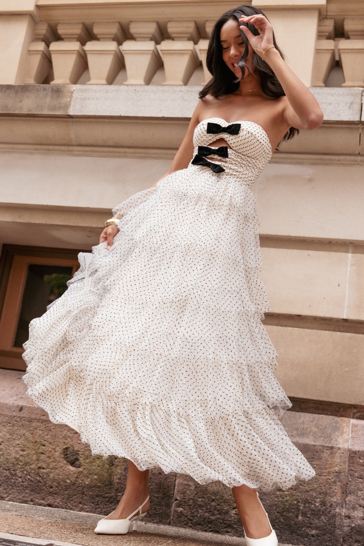 Kelari Strapless Midi Dress in Cream Polka Dot – view 1 of 8