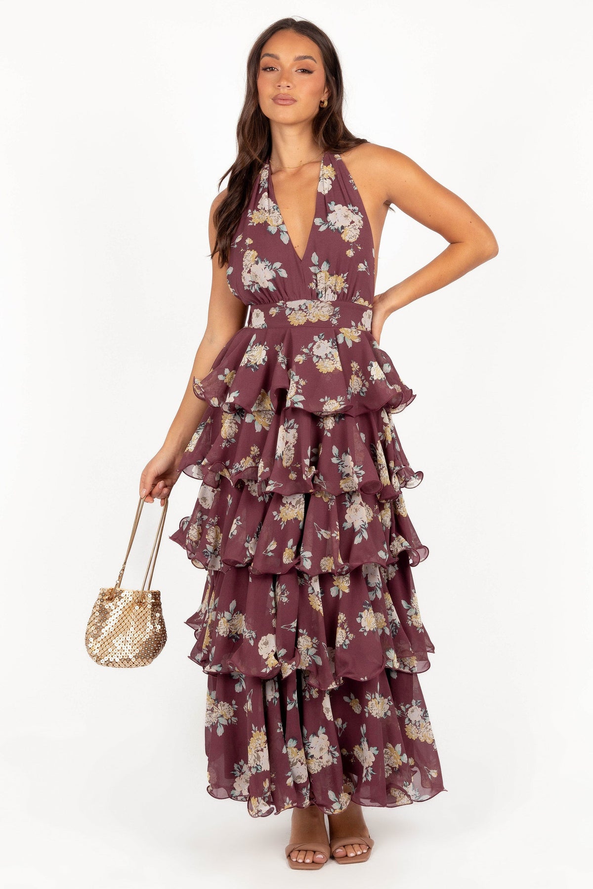 Kendall Maxi Halterneck Dress in Dark Wine – view 1 of 7