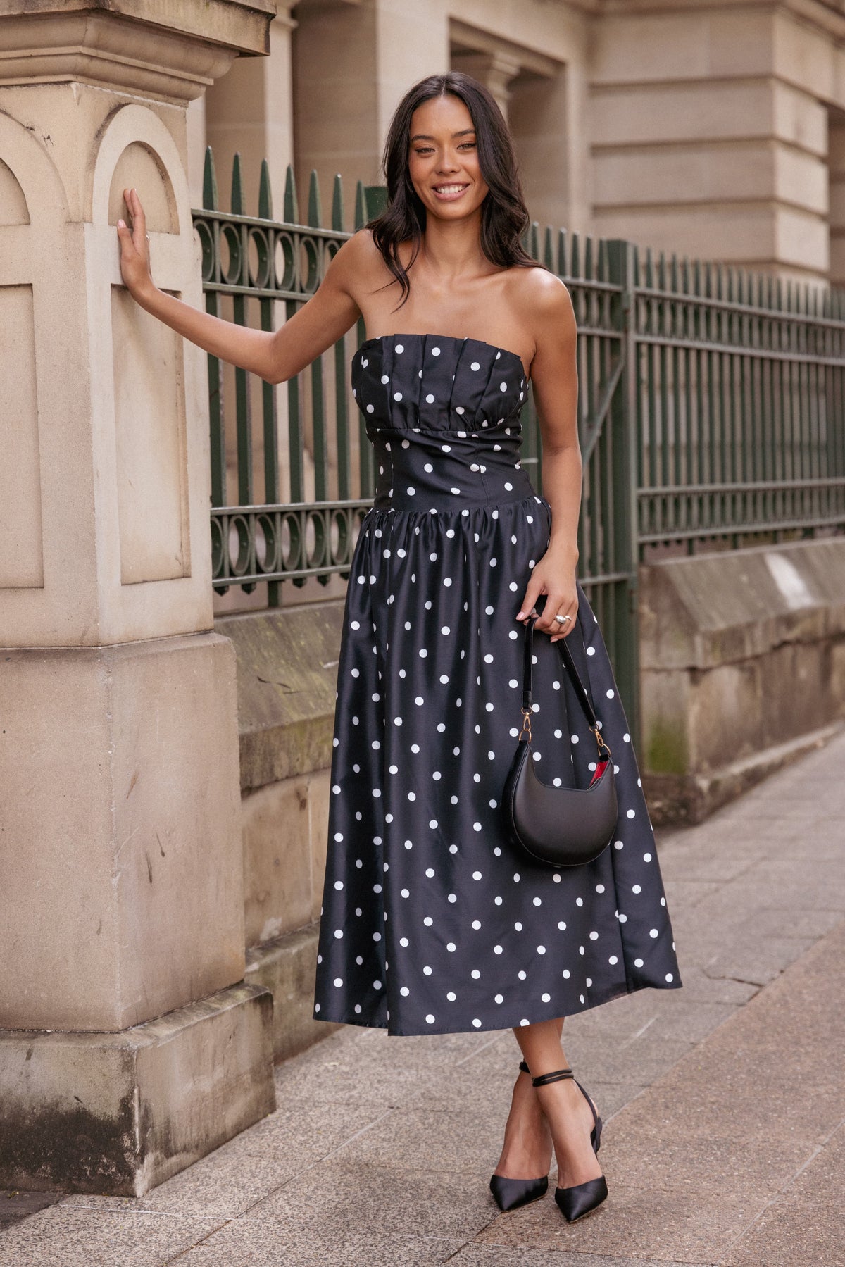 Kimbra Strapless Midi Dress in Black Polka Dot – view 1 of 7