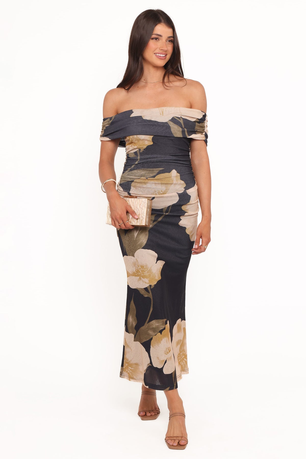 Koda Off Shoulder Midi Dress in Black Floral – view 1 of 6