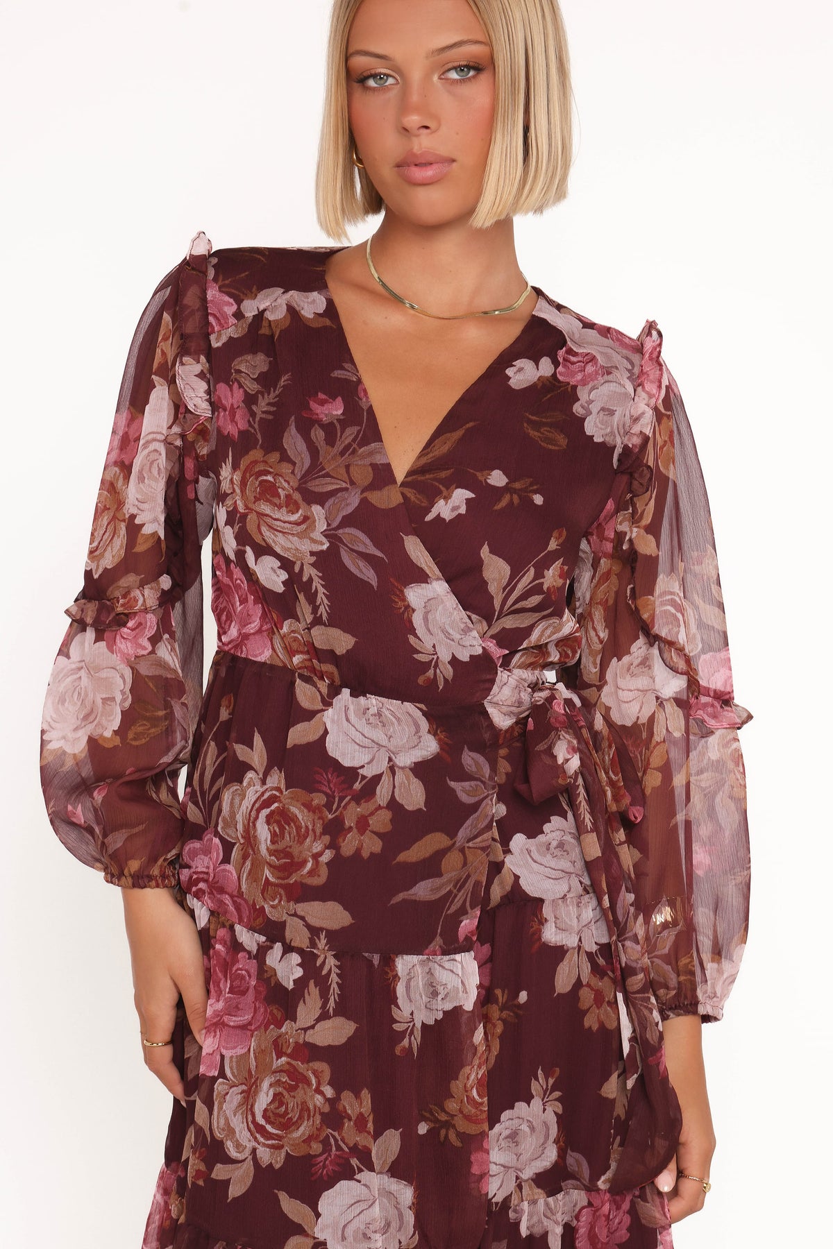 Korina Long Sleeve Maxi Dress in Burgundy Brandy Bloom – view 2 of 5