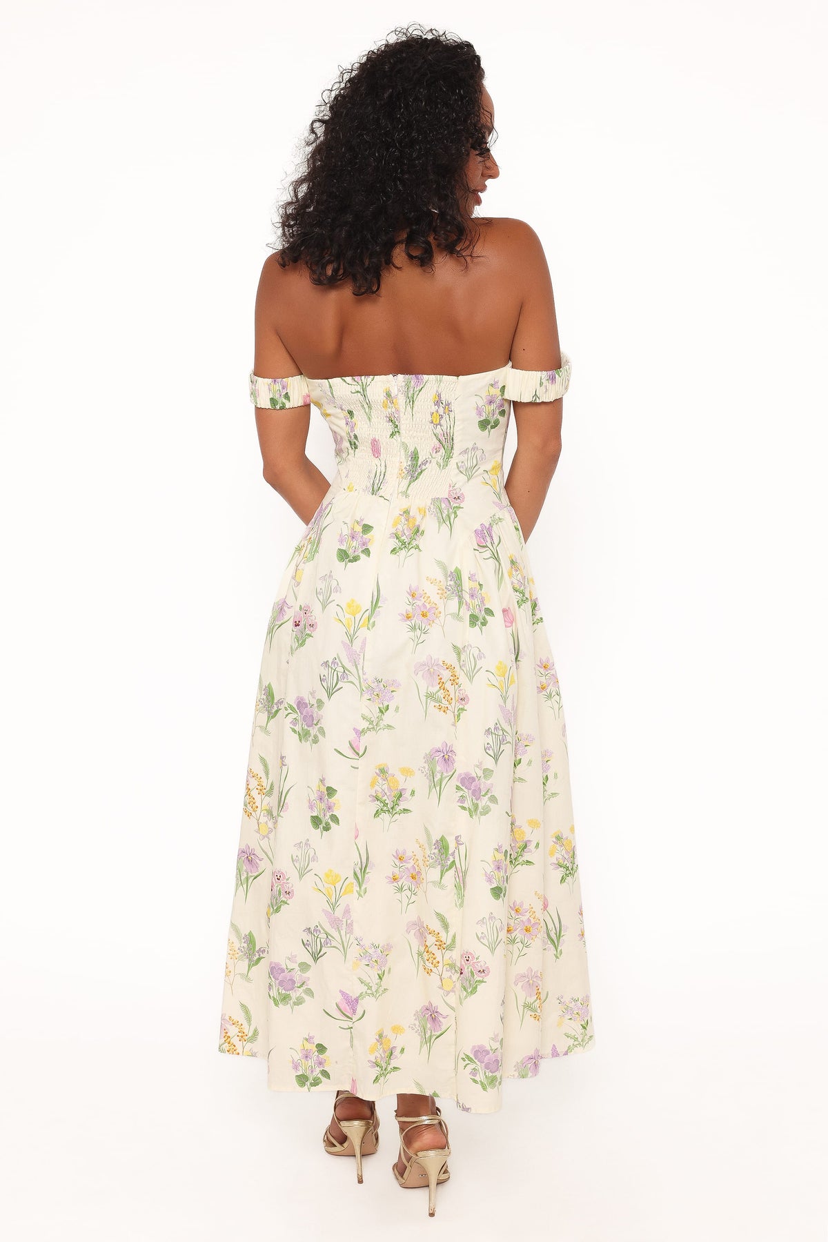 Larni Off Shoulder Midi Dress in Lavender Multi – view 4 of 5
