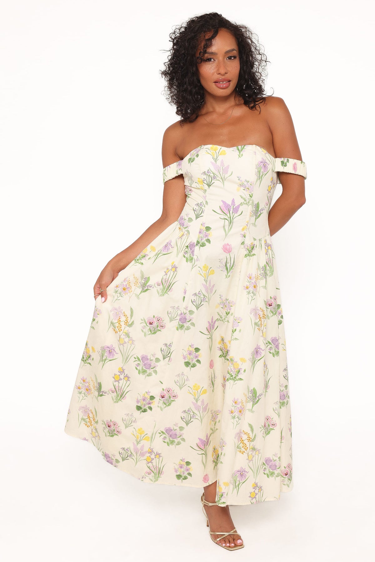 Larni Off Shoulder Midi Dress in Lavender Multi – view 1 of 5