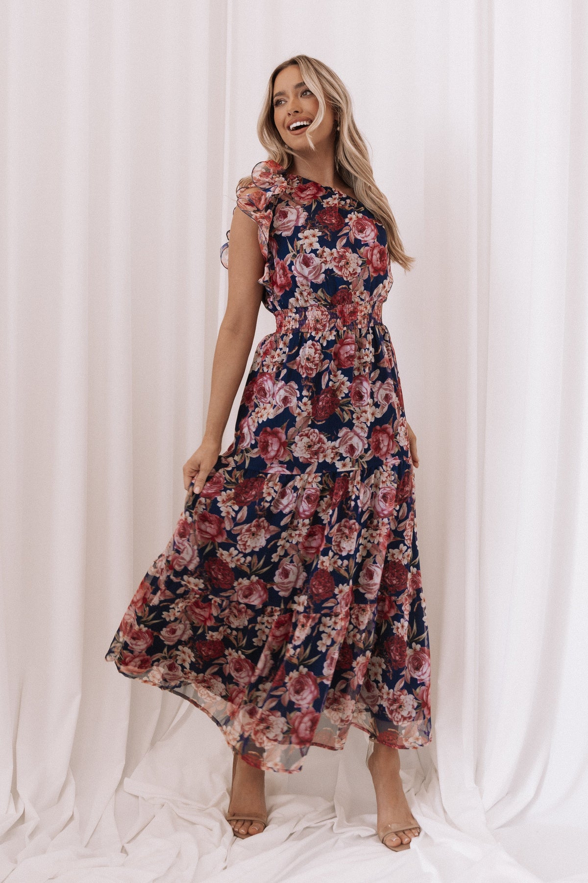 Layley One Shoulder Maxi Dress in Navy Floral – view 1 of 8