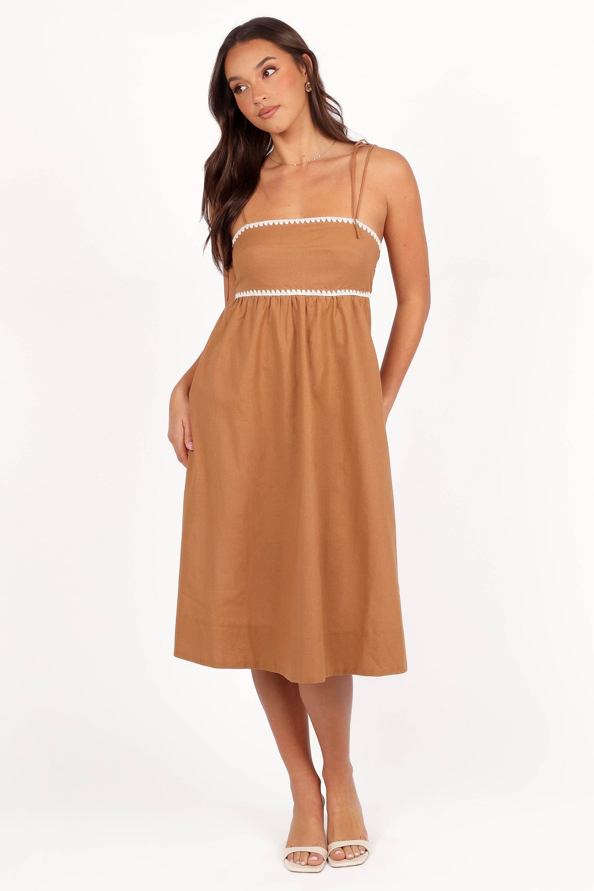 Lino Contrast Trim Midi Dress in Tan White – view 2 of 8