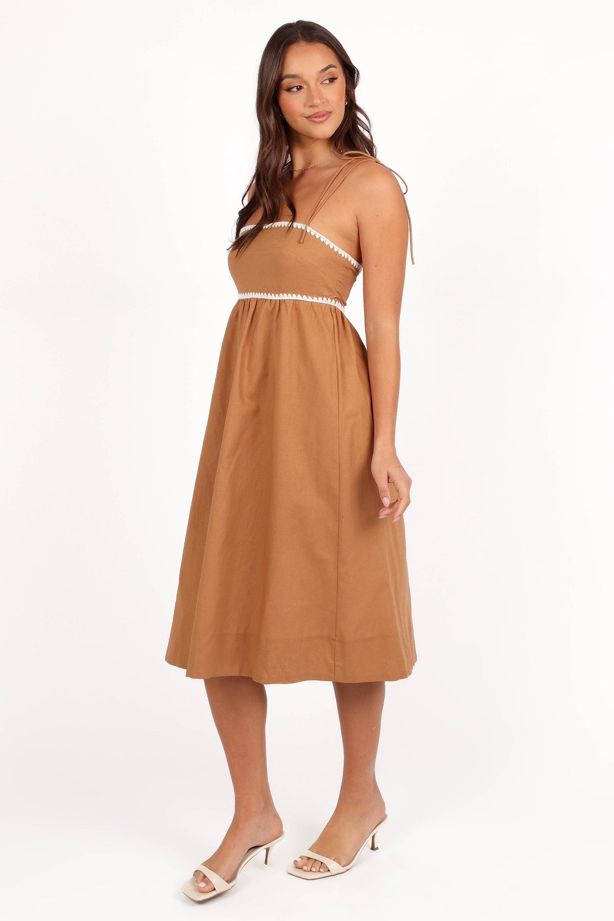 Lino Contrast Trim Midi Dress in Tan White – view 4 of 8
