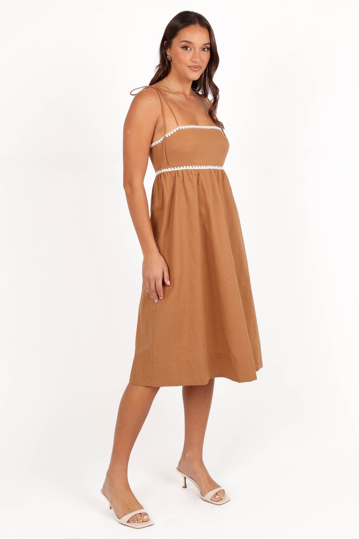 Lino Contrast Trim Midi Dress in Tan White – view 6 of 8