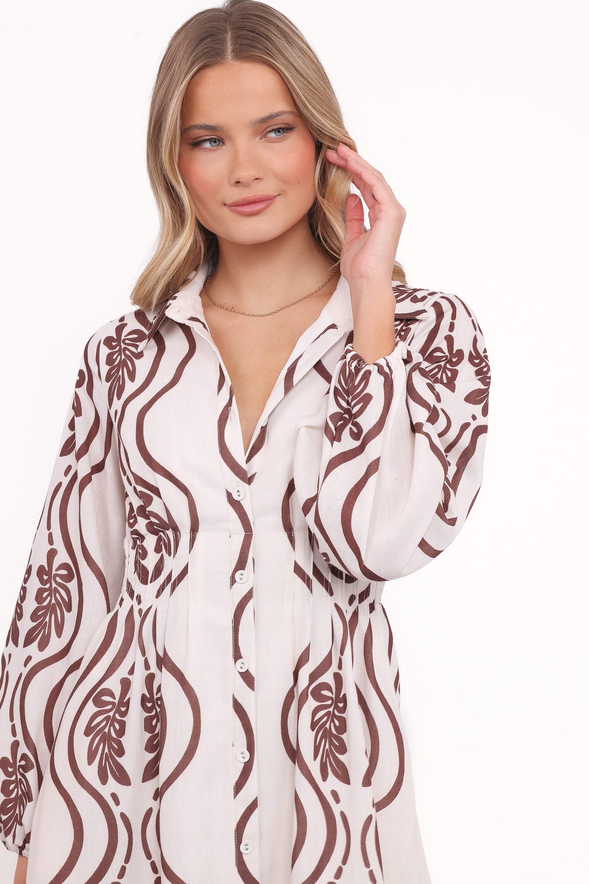 Lira Long Sleeve Midi Dress in Brown Print – view 2 of 5