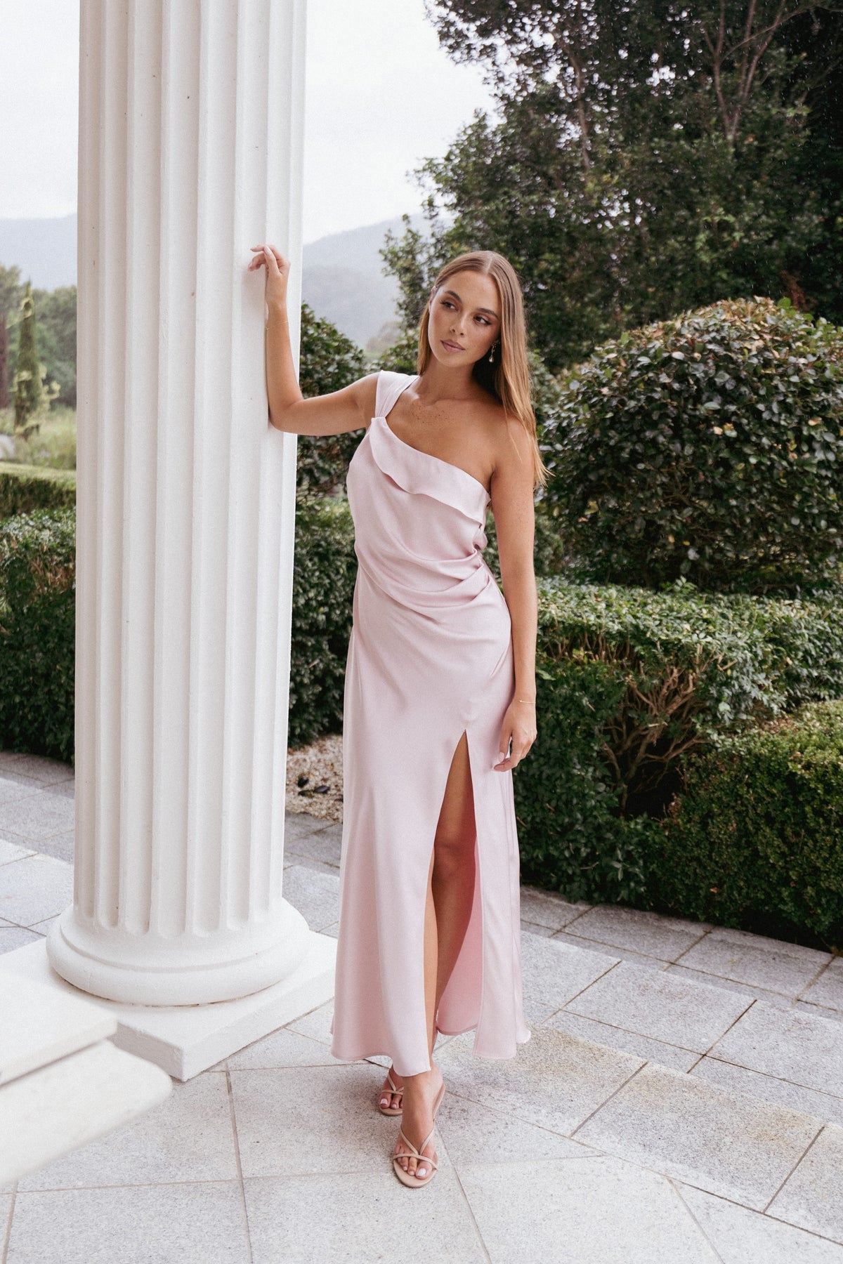 Lolana Draped One Shoulder Dress in Pale Pink – view 1 of 8