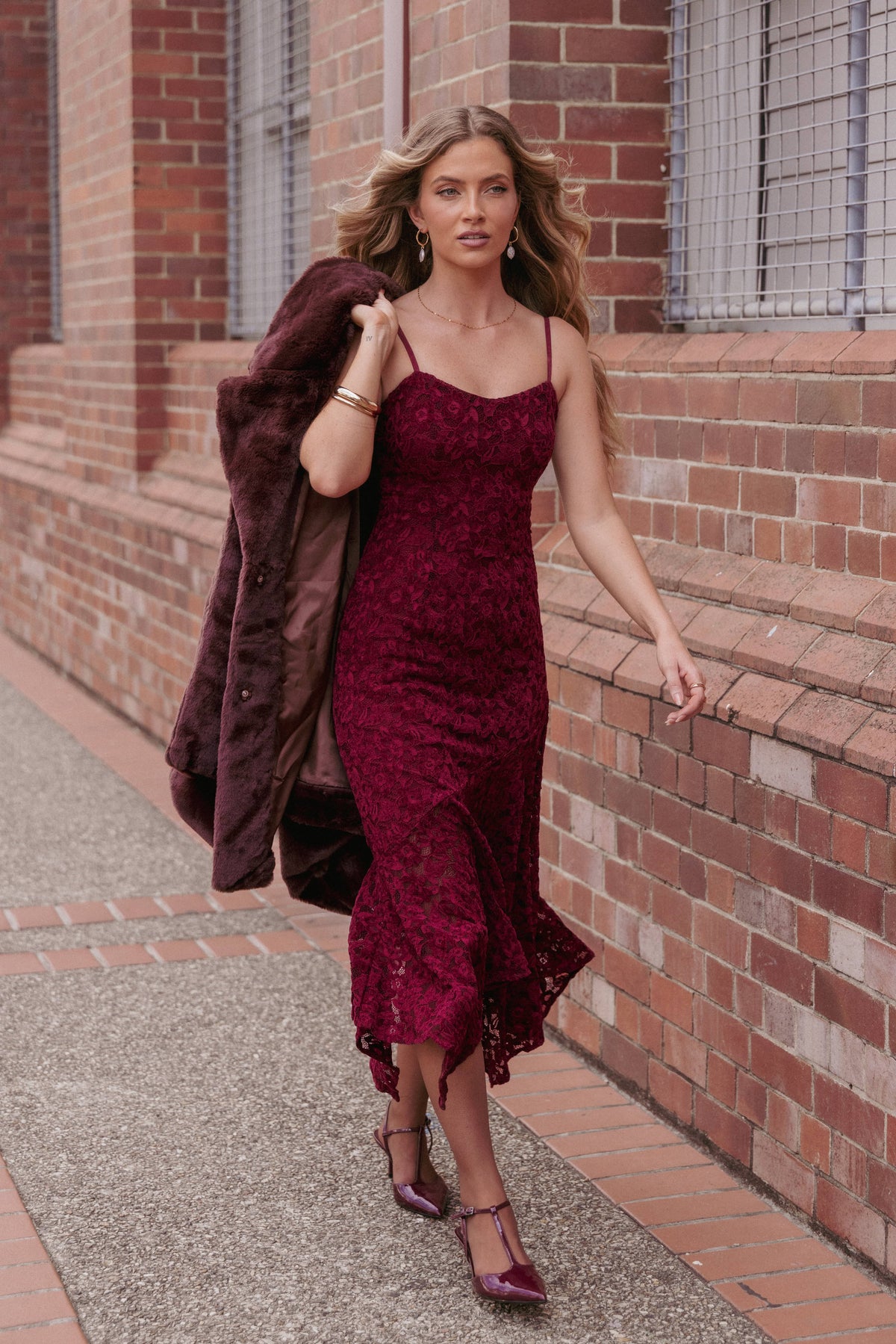 Lorde Midi Dress in Burgundy Lace – view 1 of 9