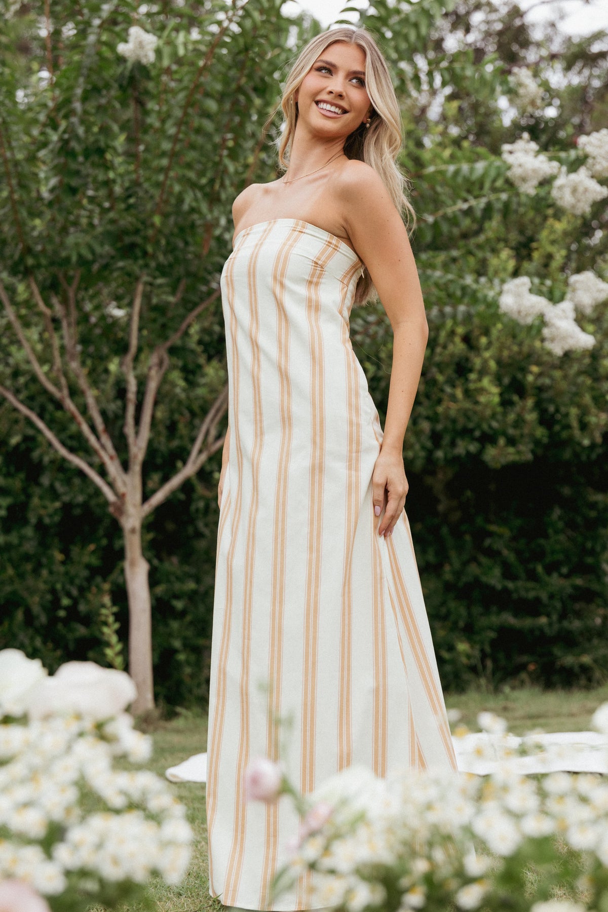 Luisa Midi Dress in Brown Stripe – view 1 of 7