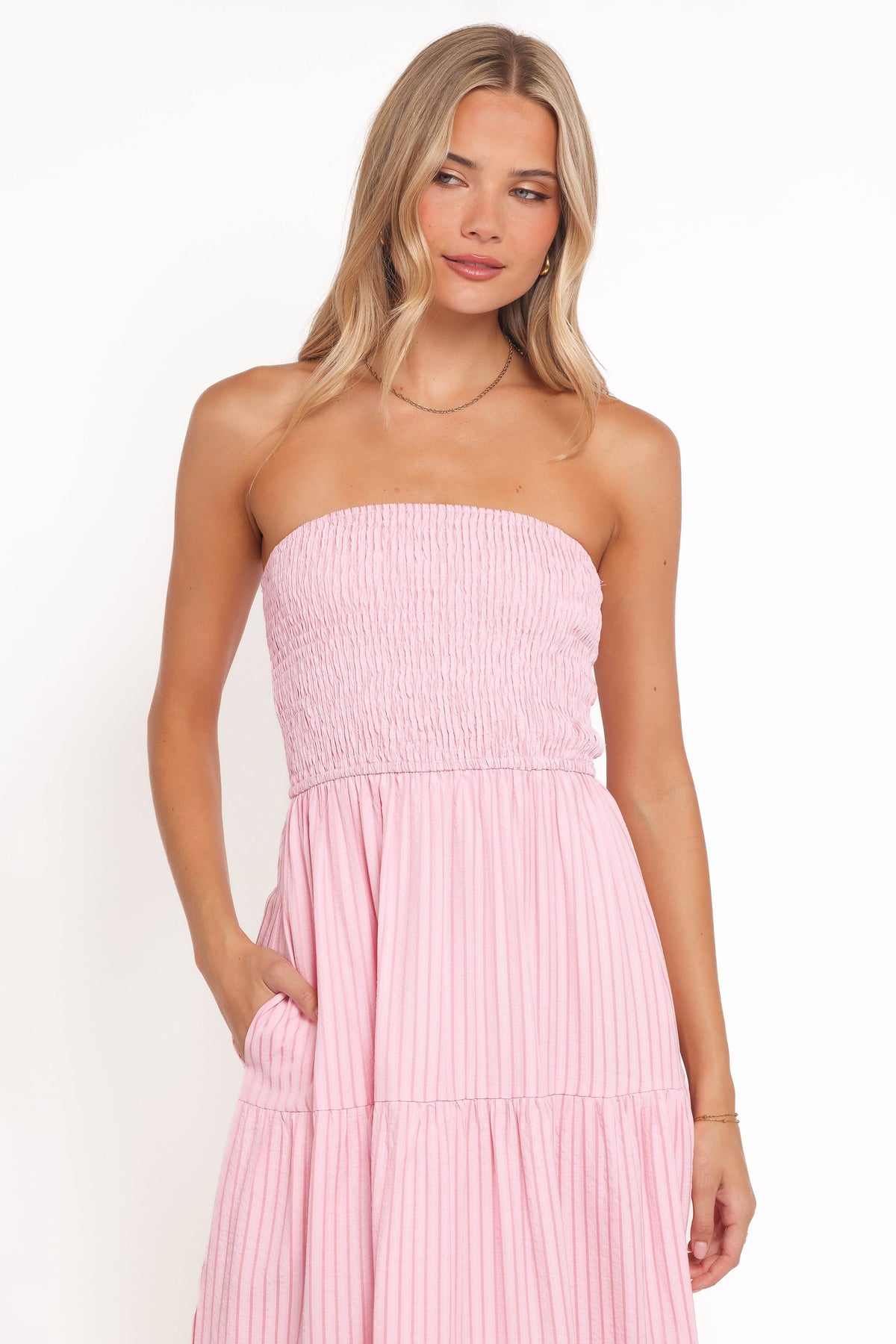 Maisie Strapless Midi Dress in Pink Stripe – view 3 of 8