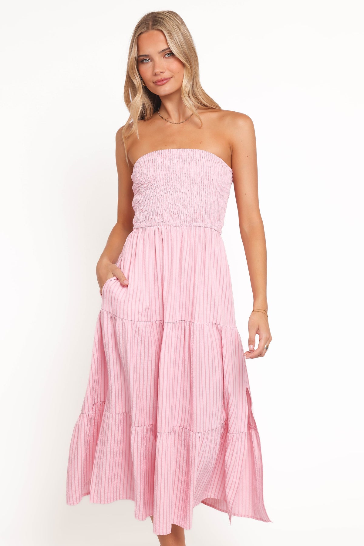 Maisie Strapless Midi Dress in Pink Stripe – view 2 of 8