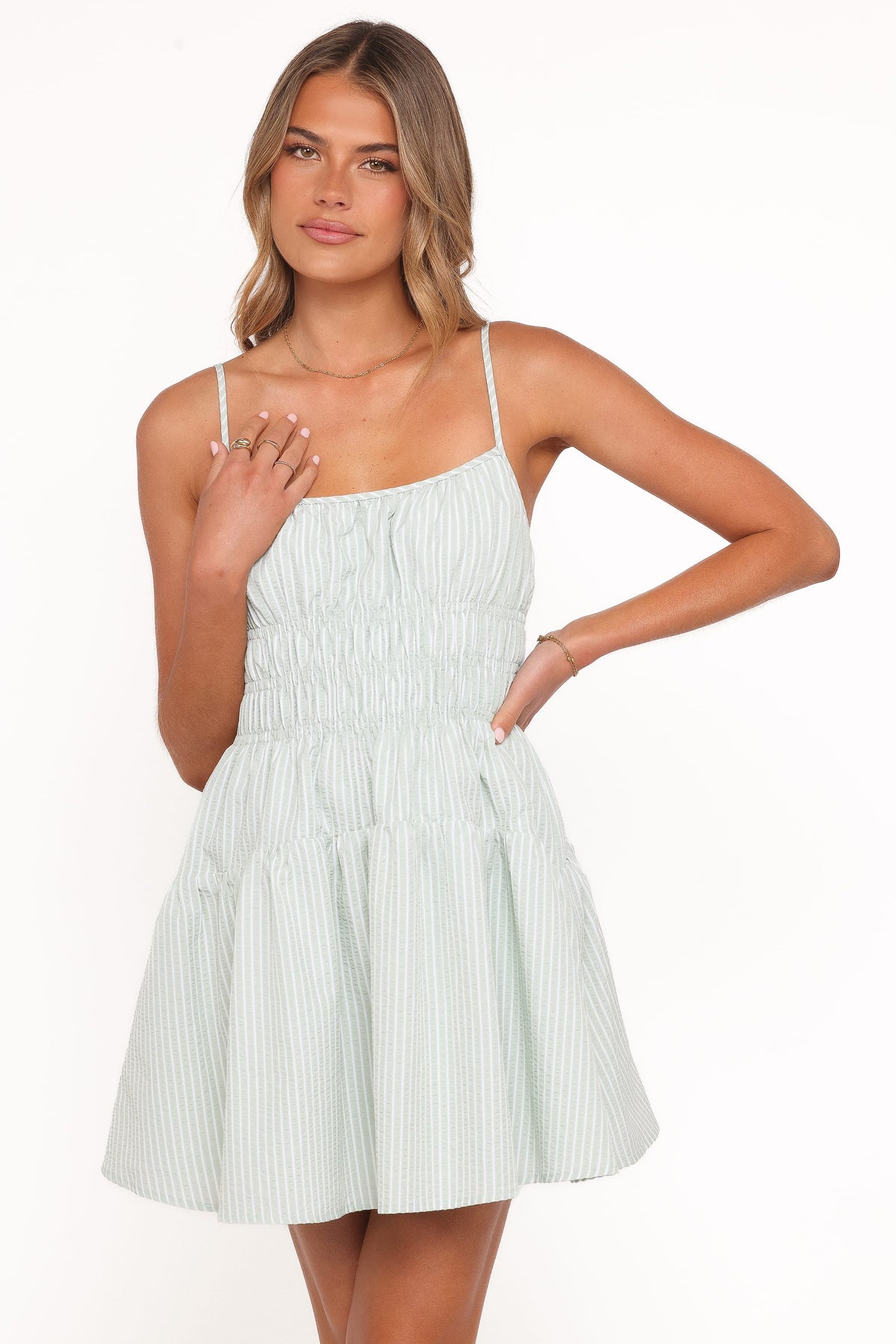 Makayla Mini Dress in Green Stripe – view 2 of 9