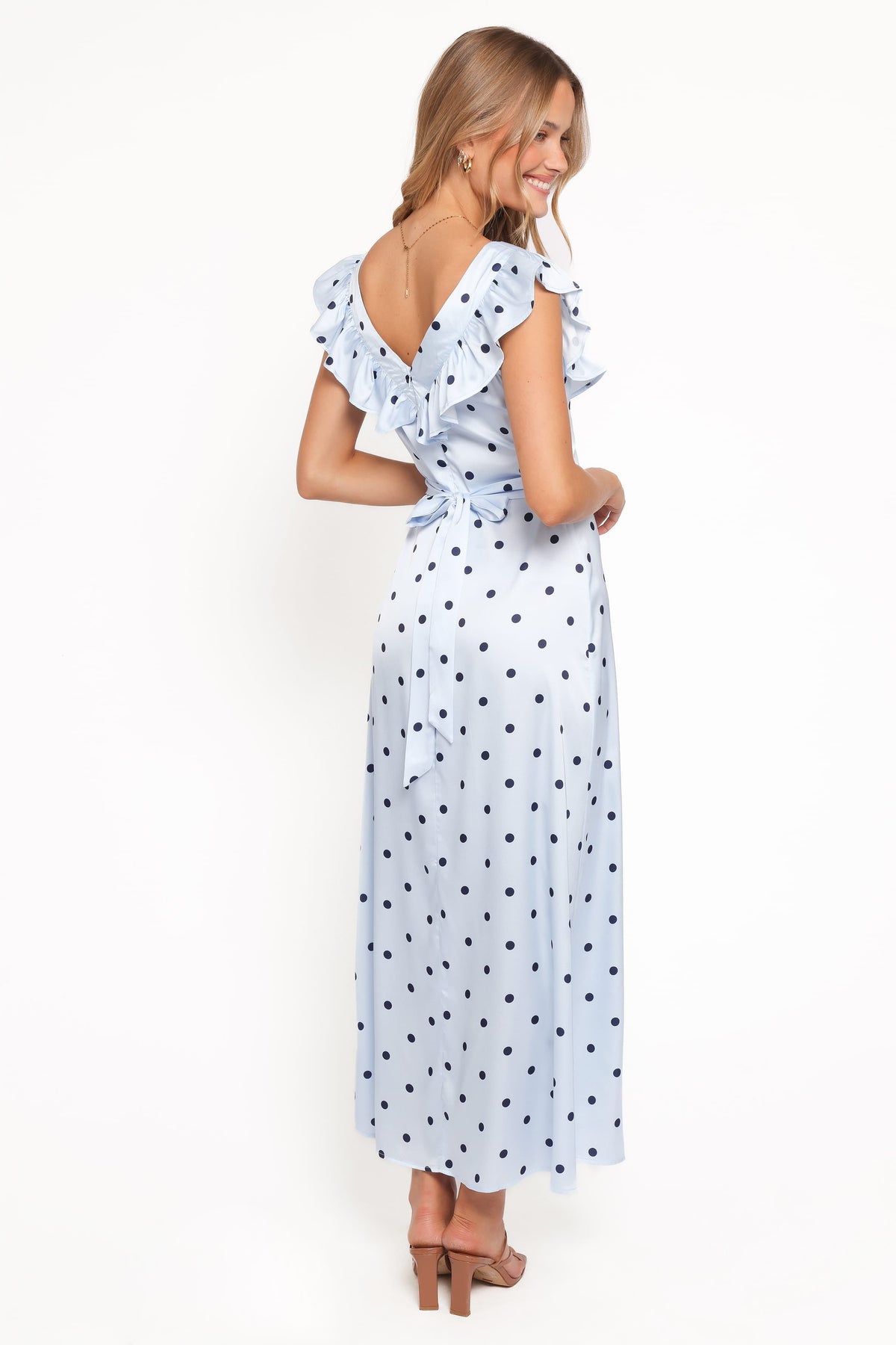 Manaris Off Shoulder Maxi Dress in Blue Polka Dot – view 5 of 7