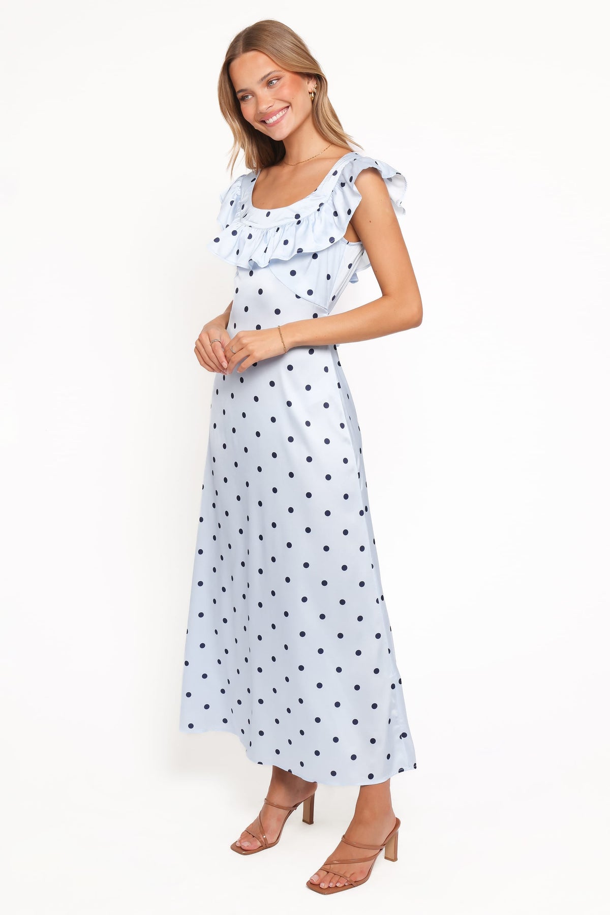 Manaris Off Shoulder Maxi Dress in Blue Polka Dot – view 4 of 7
