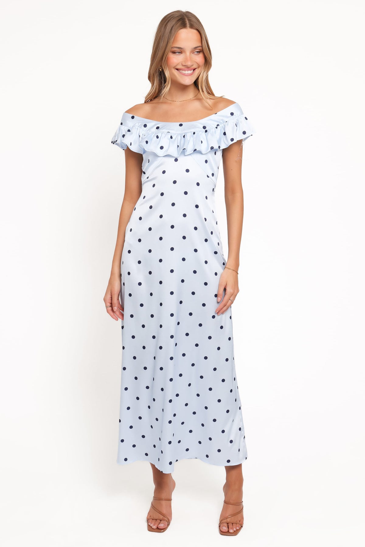 Manaris Off Shoulder Maxi Dress in Blue Polka Dot – view 2 of 7