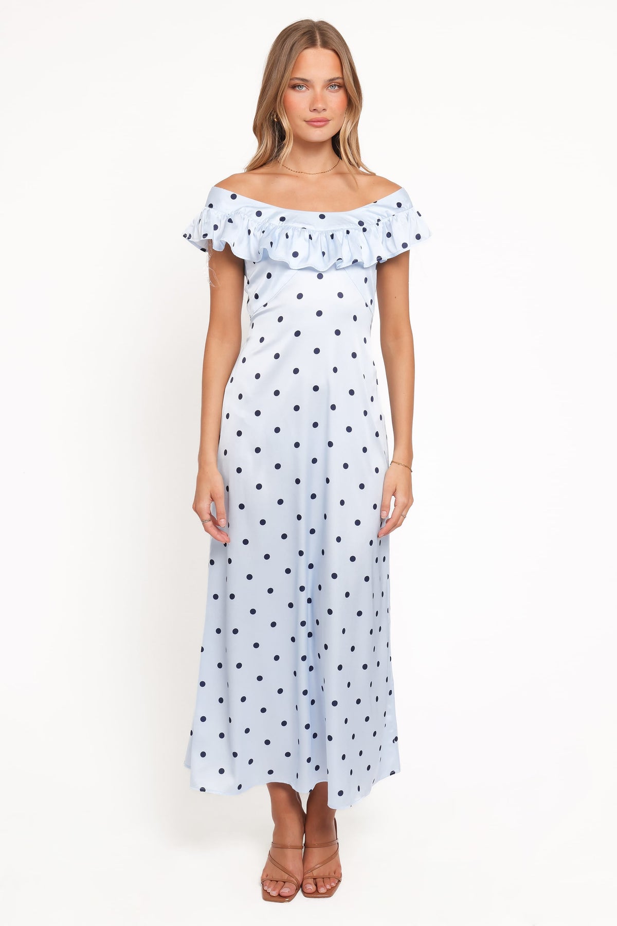 Manaris Off Shoulder Maxi Dress in Blue Polka Dot – view 6 of 7
